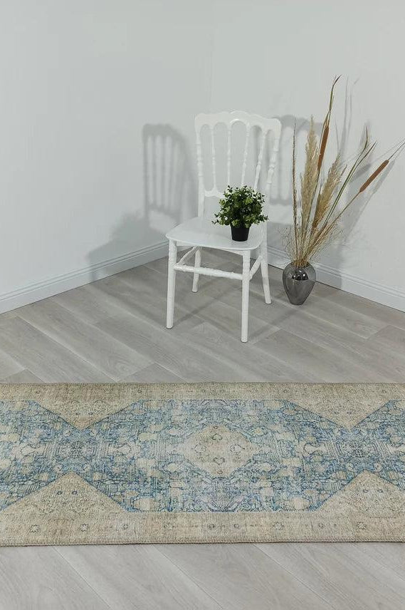 Vova Rug Neutral Turkish Beige Green Faded Blue Medallion Rug