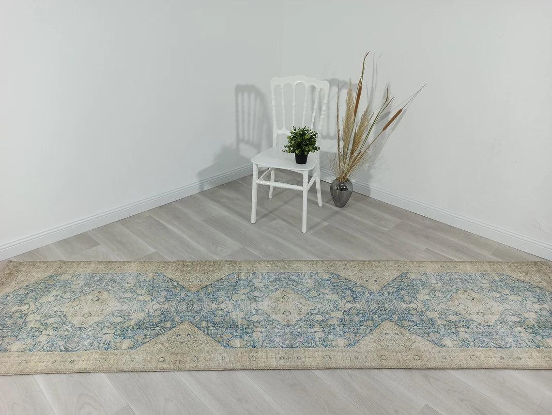 Vova Rug Neutral Turkish Beige Green Faded Blue Medallion Rug