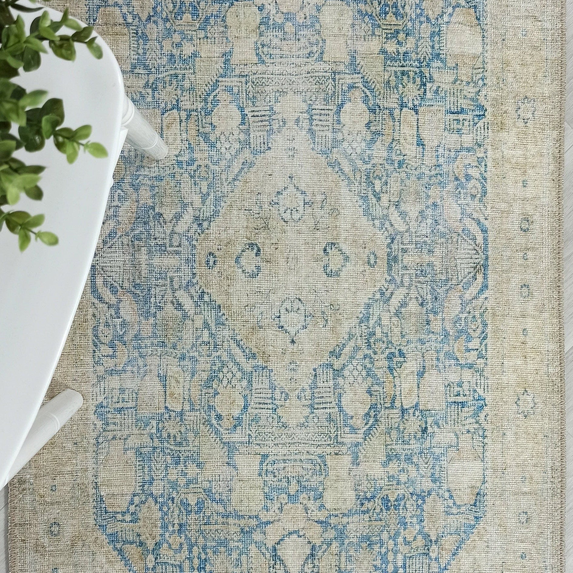 Vova Rug Neutral Turkish Beige Green Faded Blue Medallion Rug