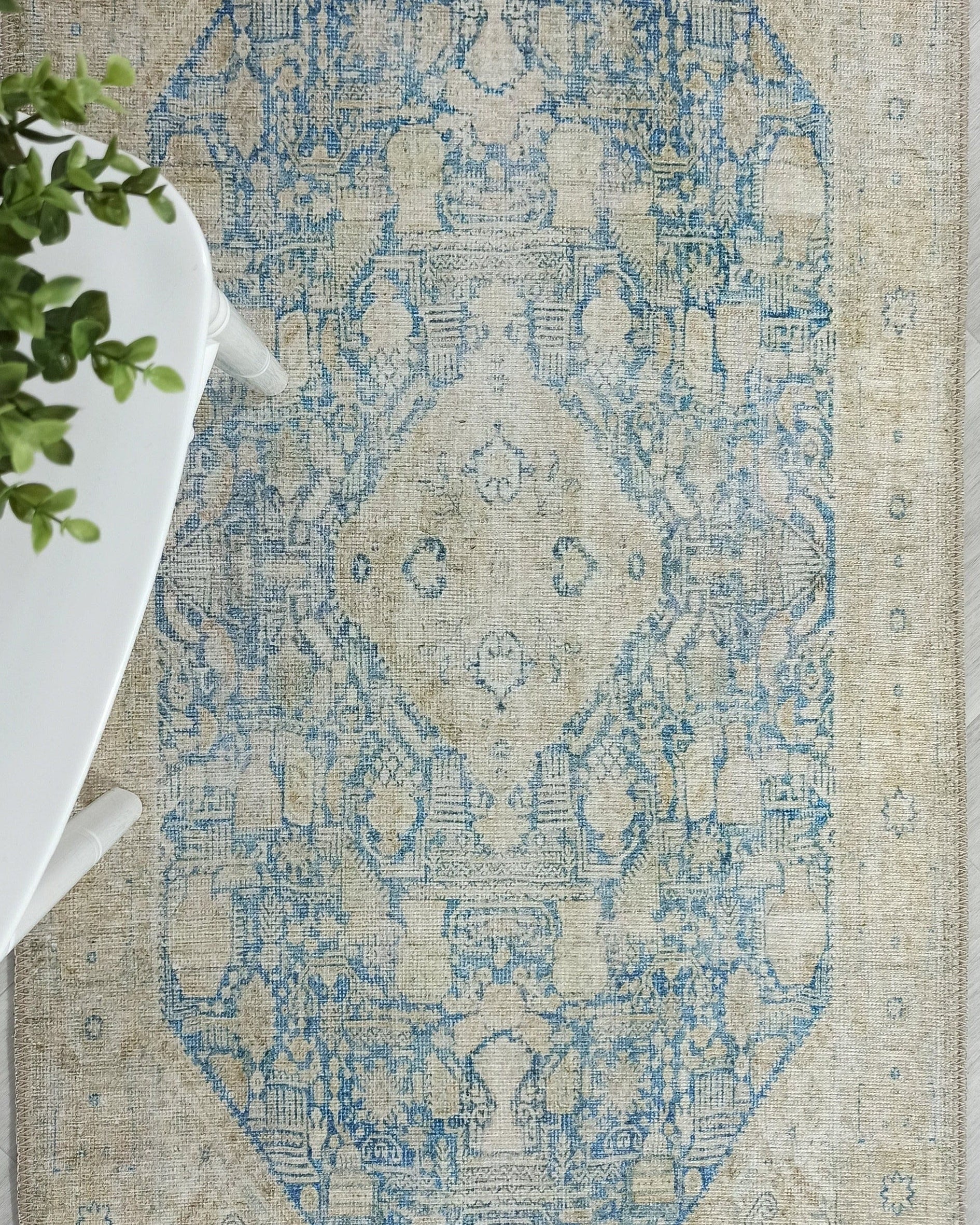 Vova Rug Neutral Turkish Beige Green Faded Blue Medallion Rug