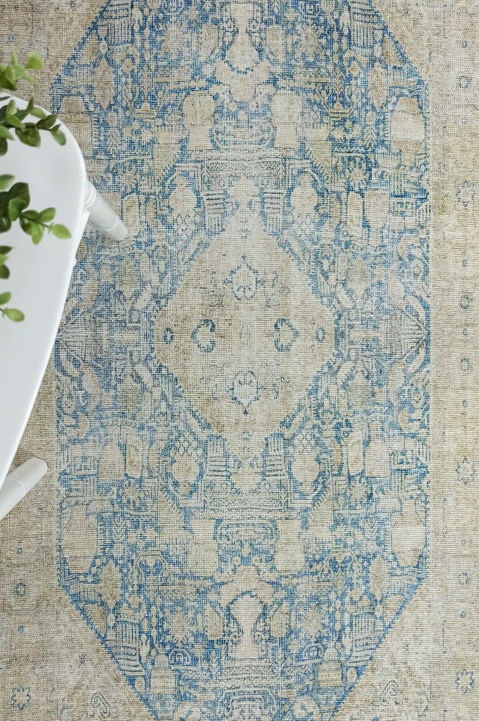 Vova Rug Neutral Turkish Beige Green Faded Blue Medallion Rug