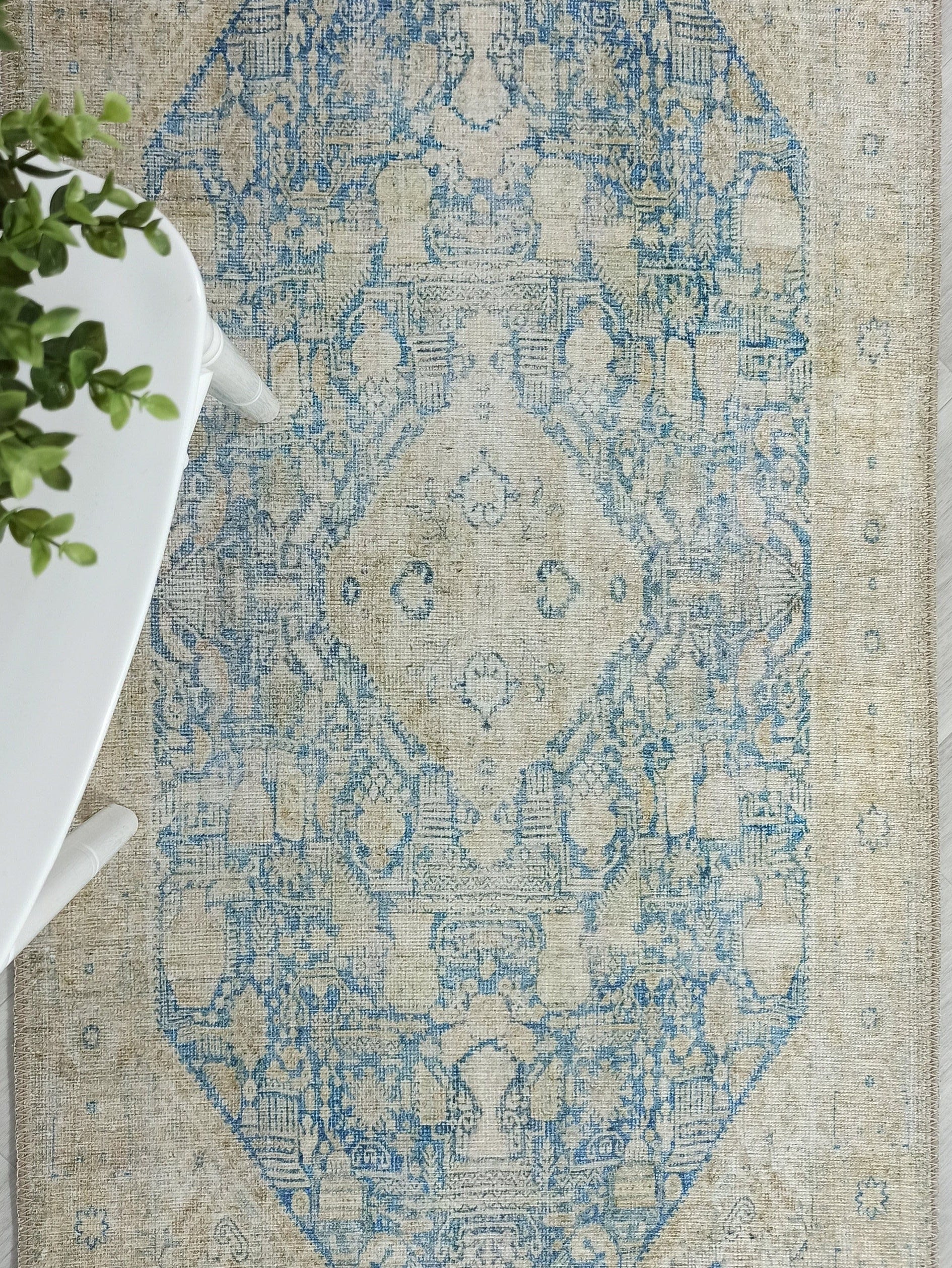 Vova Rug Neutral Turkish Beige Green Faded Blue Medallion Rug