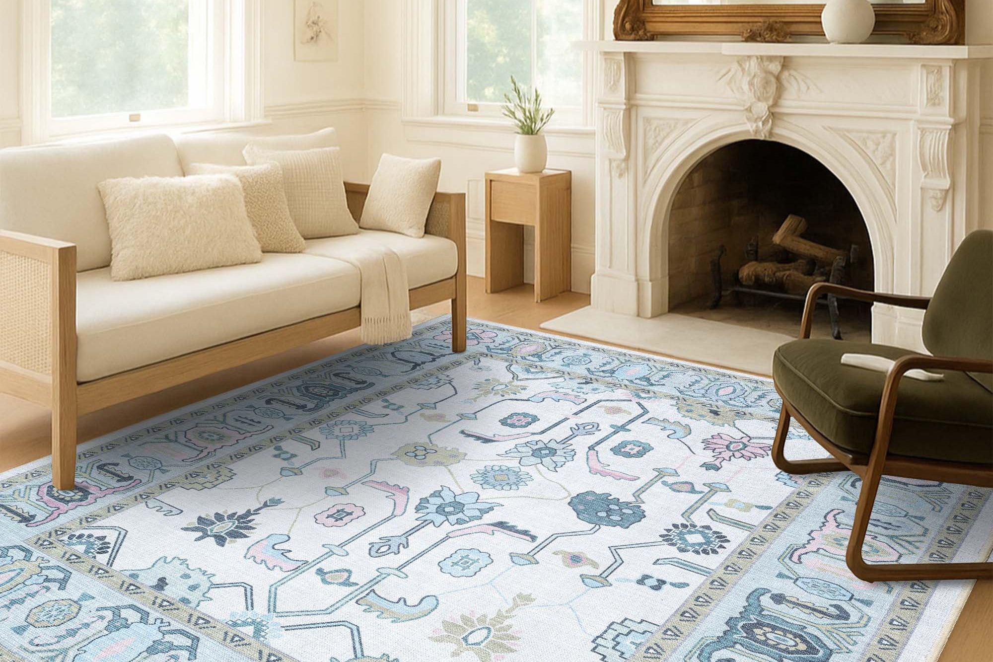 Wafiya Cream Green Modern Oushak Rug