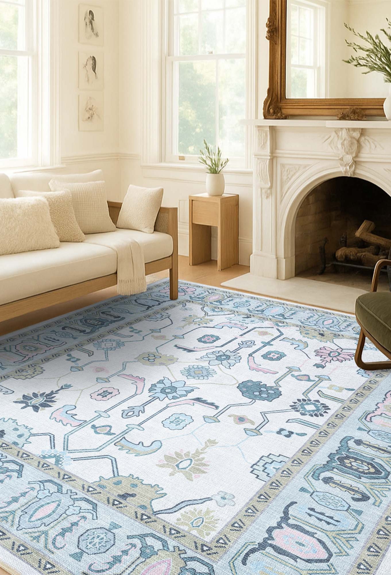 Wafiya Cream Green Modern Oushak Rug