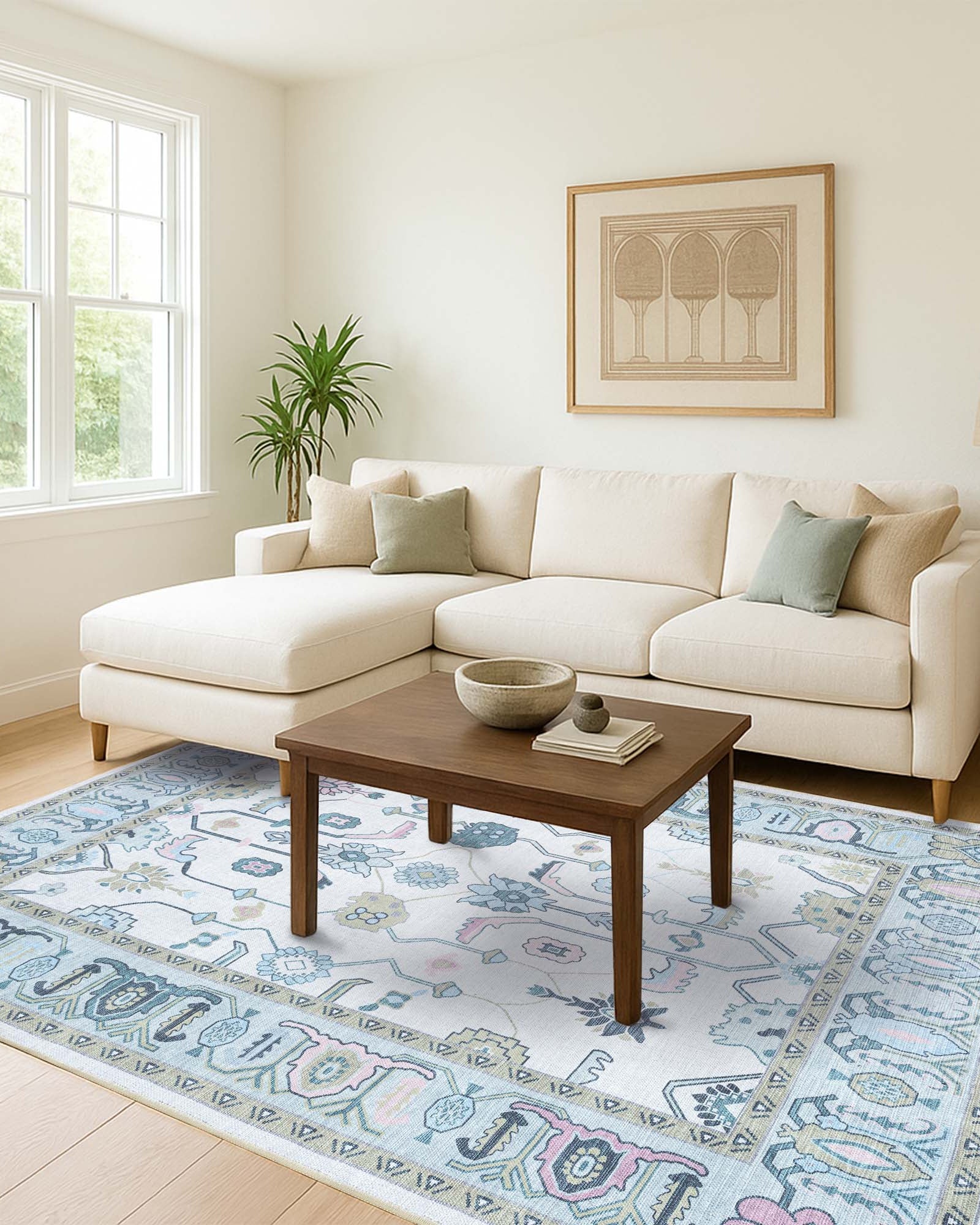 Wafiya Cream Green Modern Oushak Rug