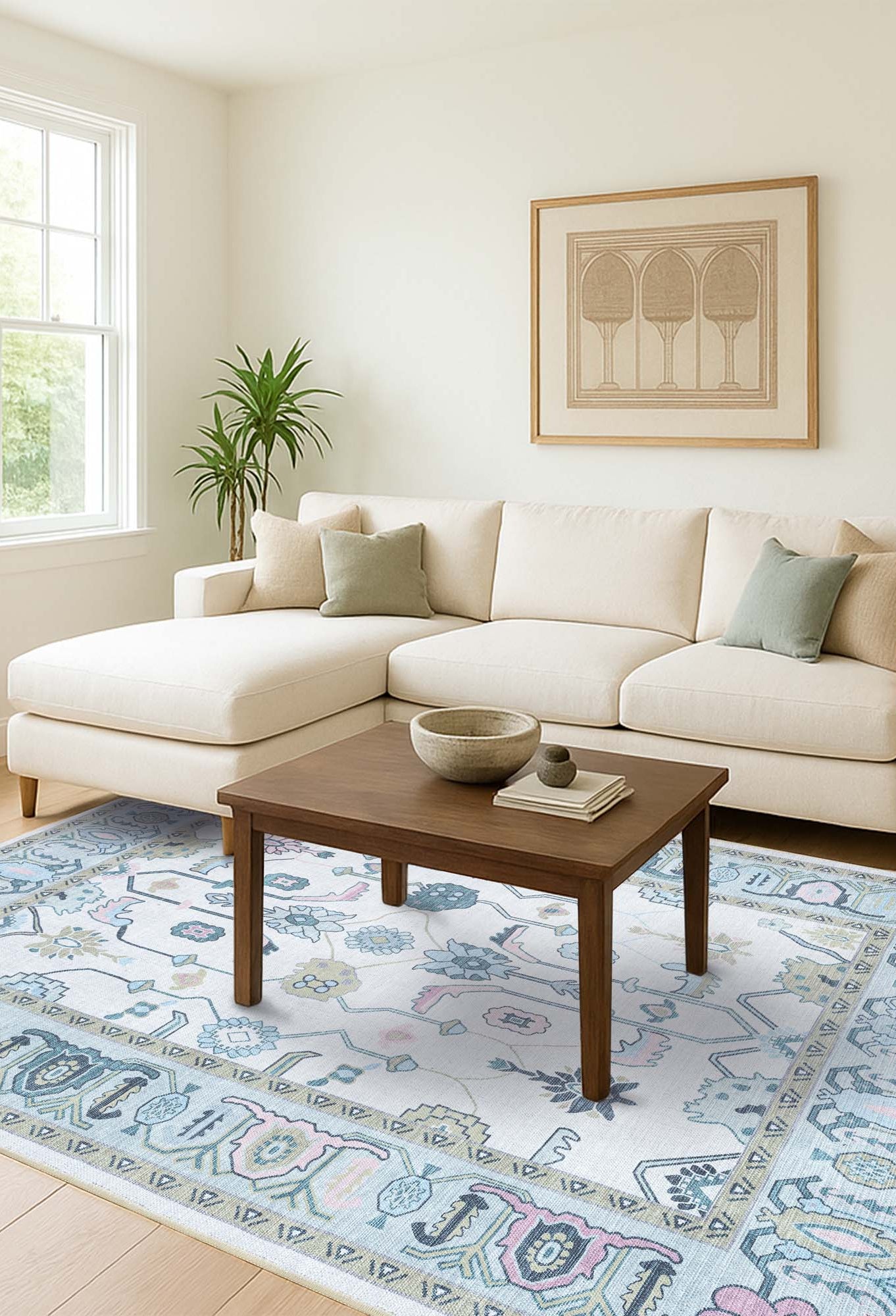 Wafiya Cream Green Modern Oushak Rug