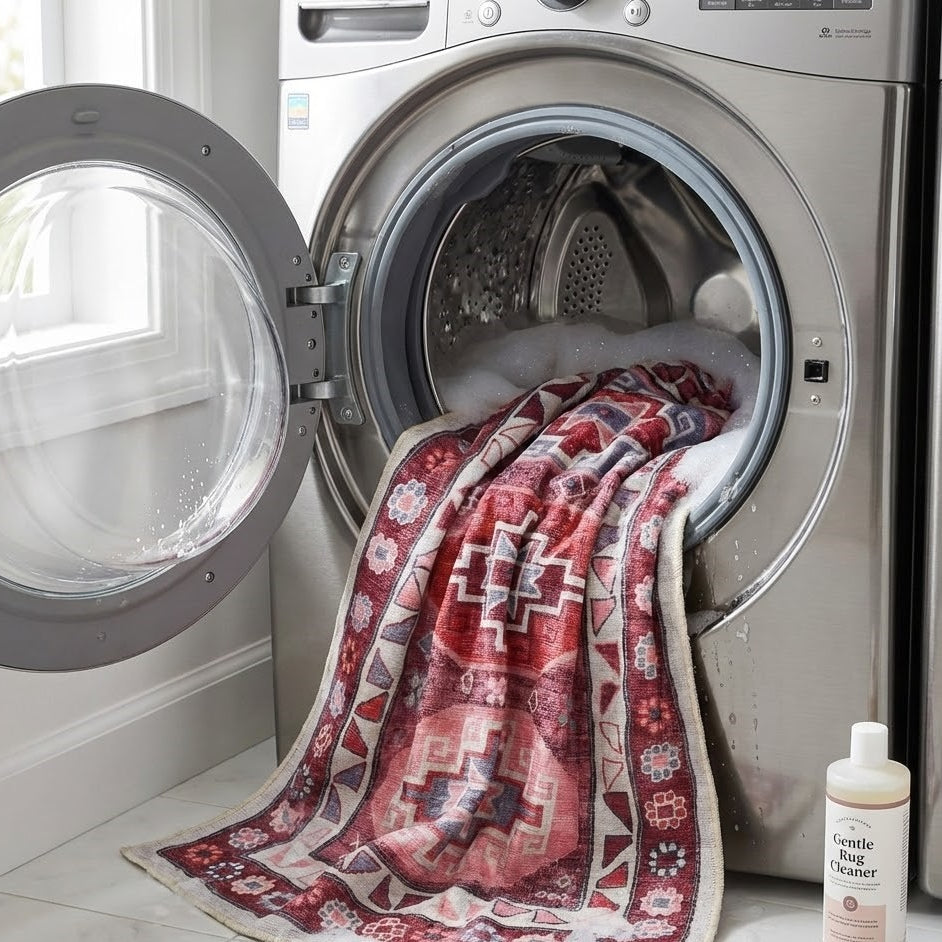 Laundry scene with a patterned towel inside an open dryer and a bottle of detergent on a white floor.