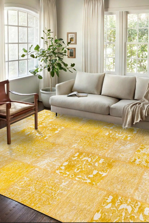 Ersilia Yellow Distressed Patchwork Vintage Rug