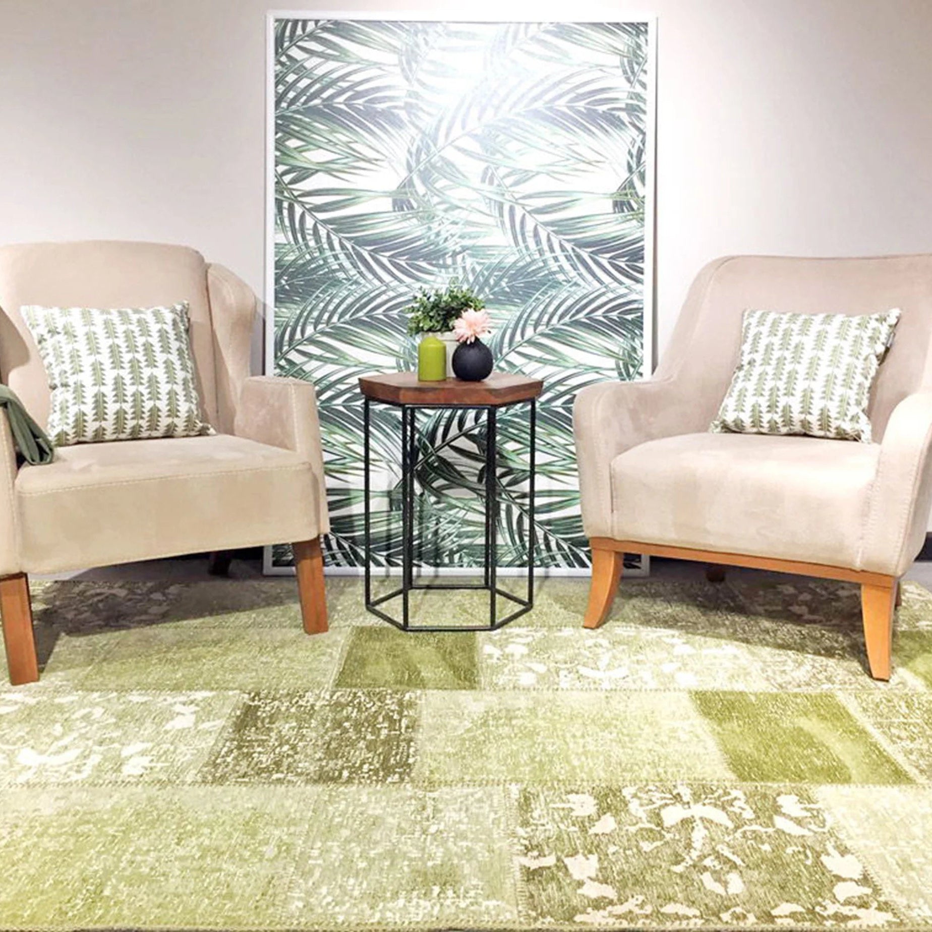 Zayla Lime Distressed Patchwork Turkish Rug