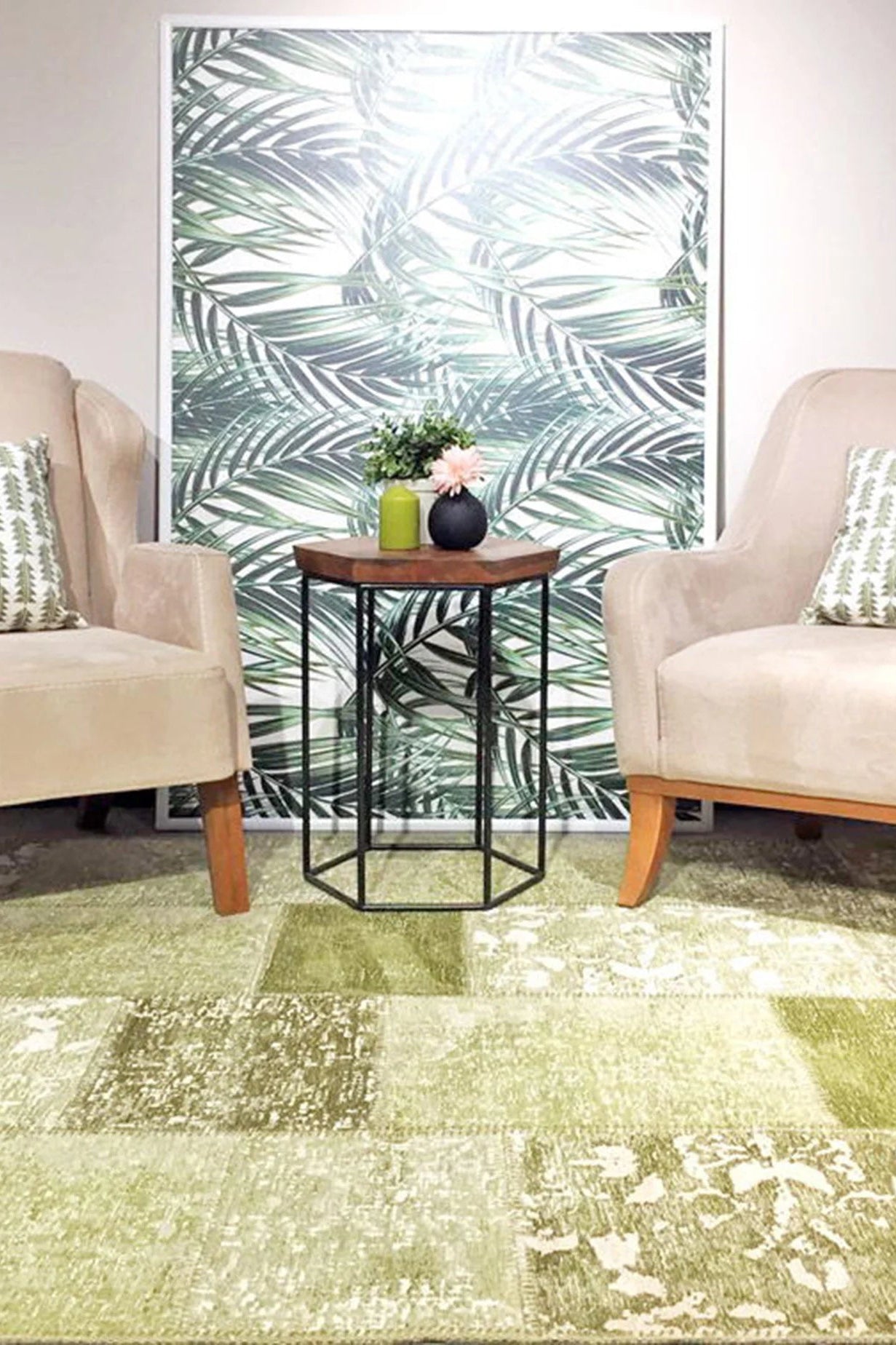 Zayla Lime Distressed Patchwork Turkish Rug