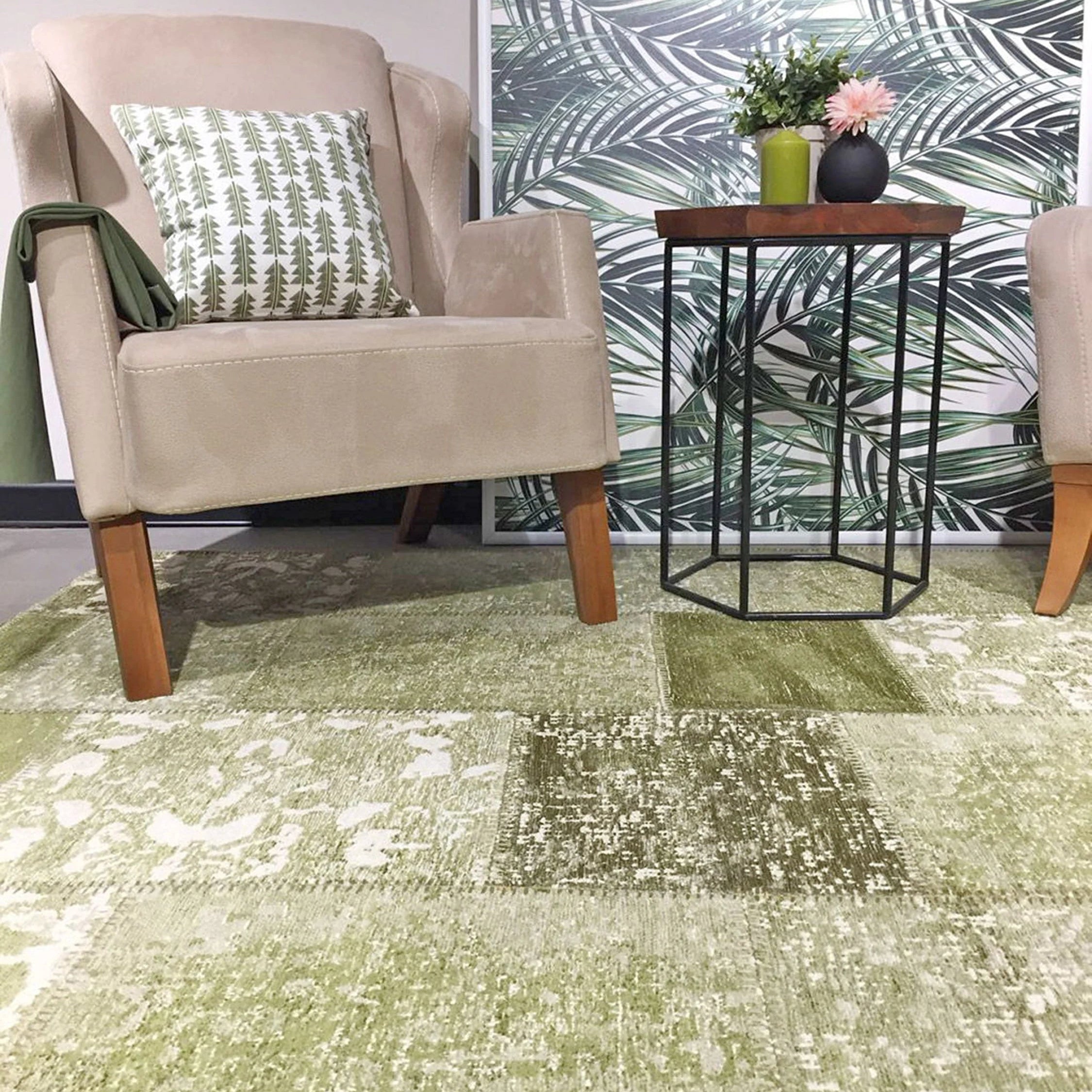Zayla Lime Distressed Patchwork Turkish Rug