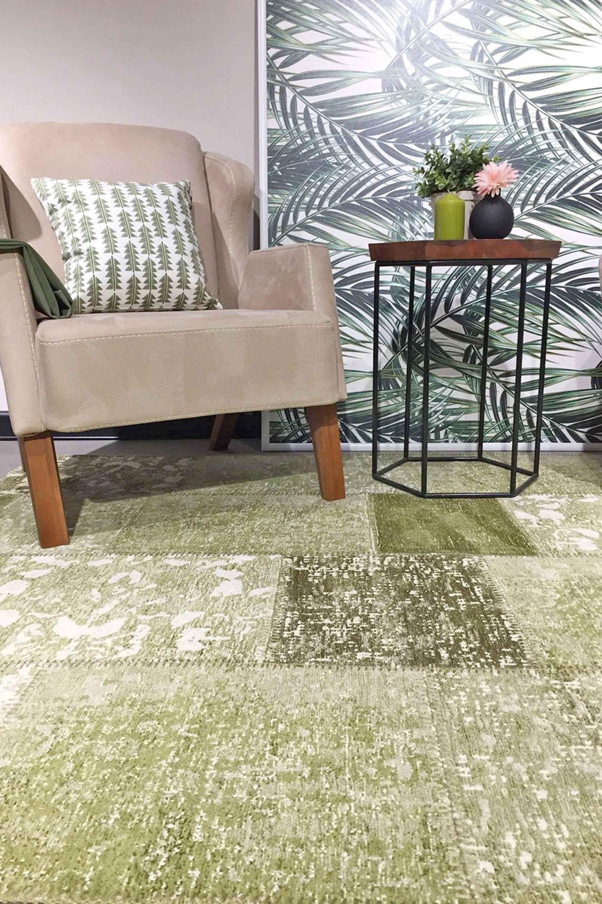 Zayla Lime Distressed Patchwork Turkish Rug