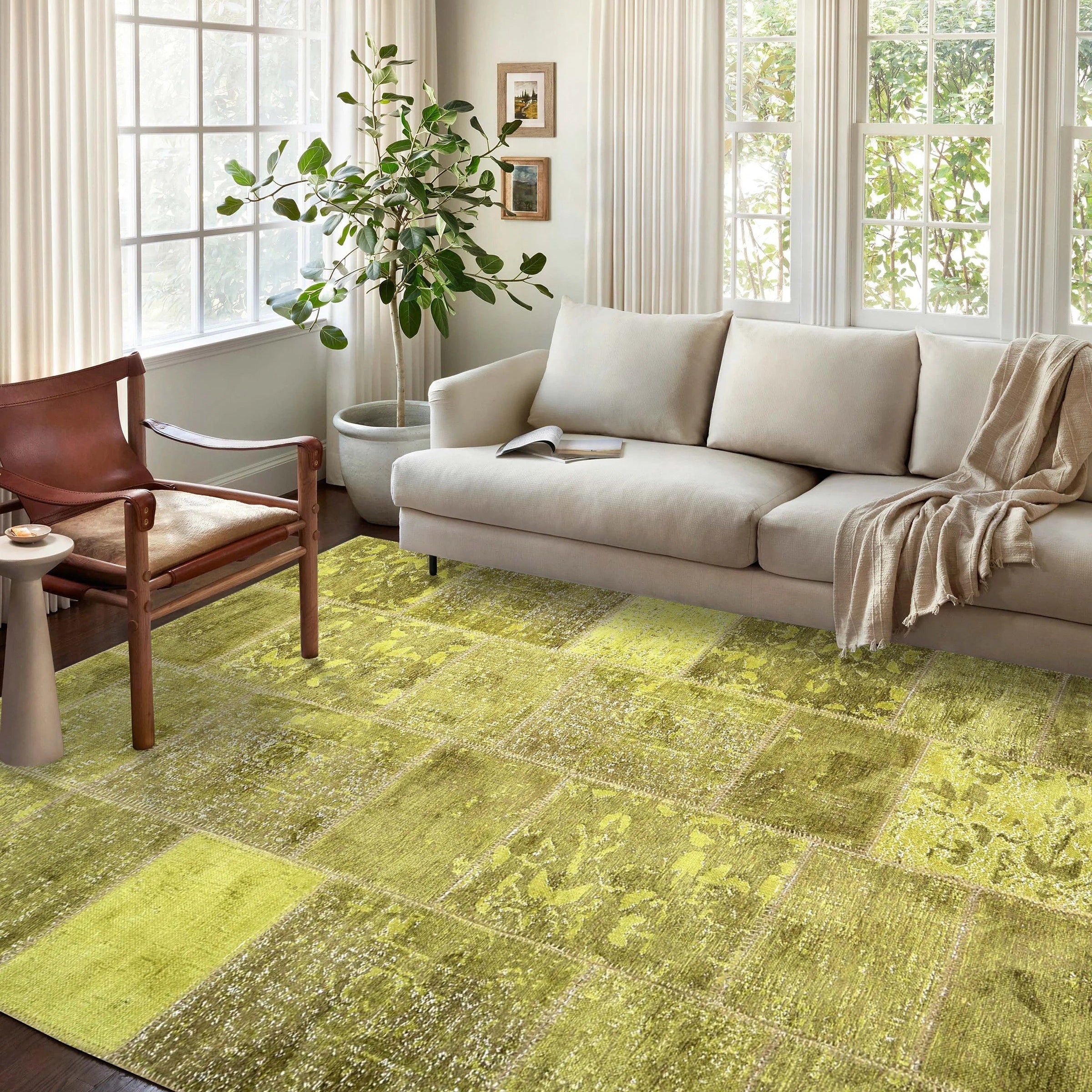 Zayla Lime Distressed Patchwork Turkish Rug