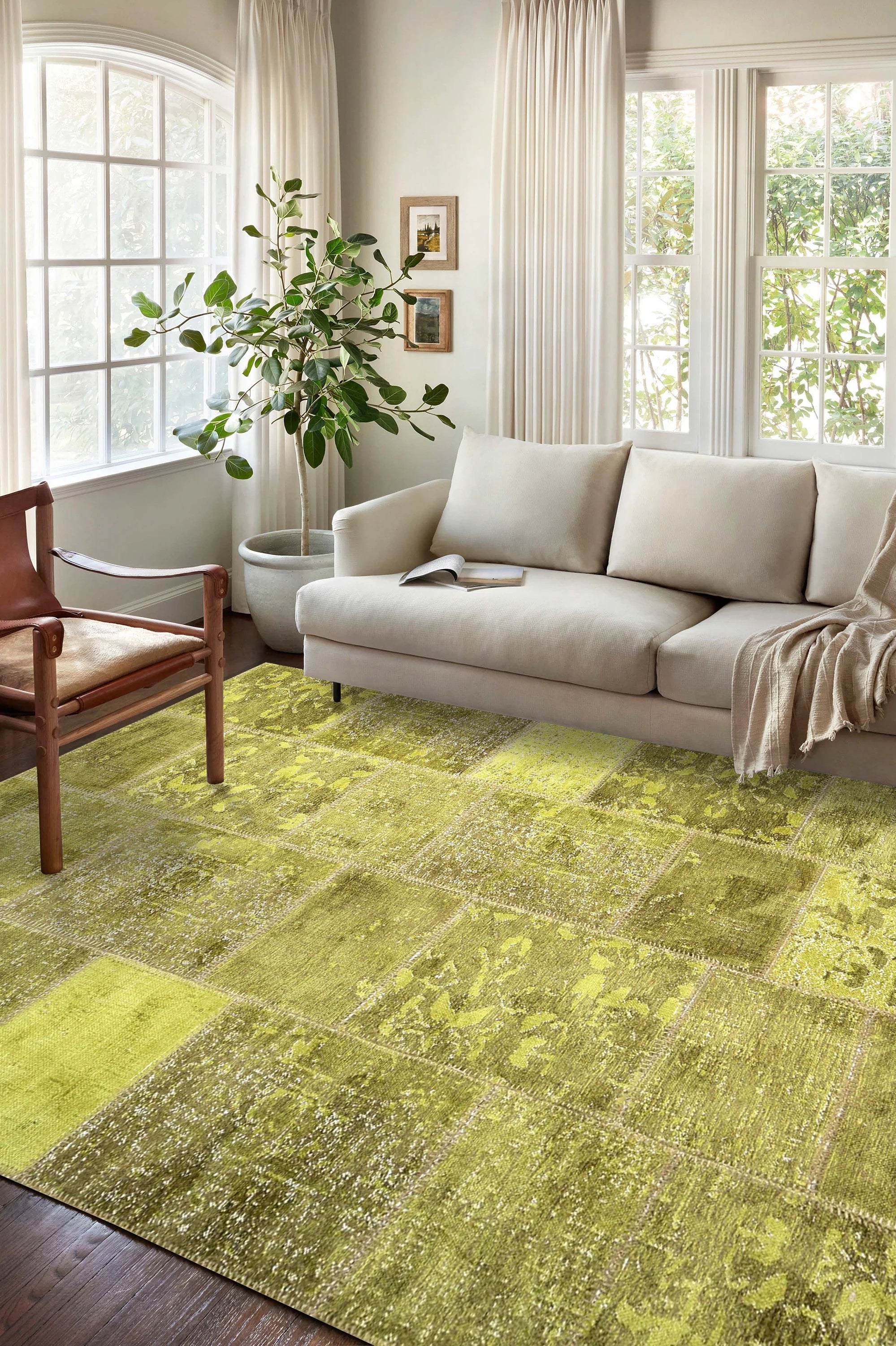 Zayla Lime Distressed Patchwork Turkish Rug