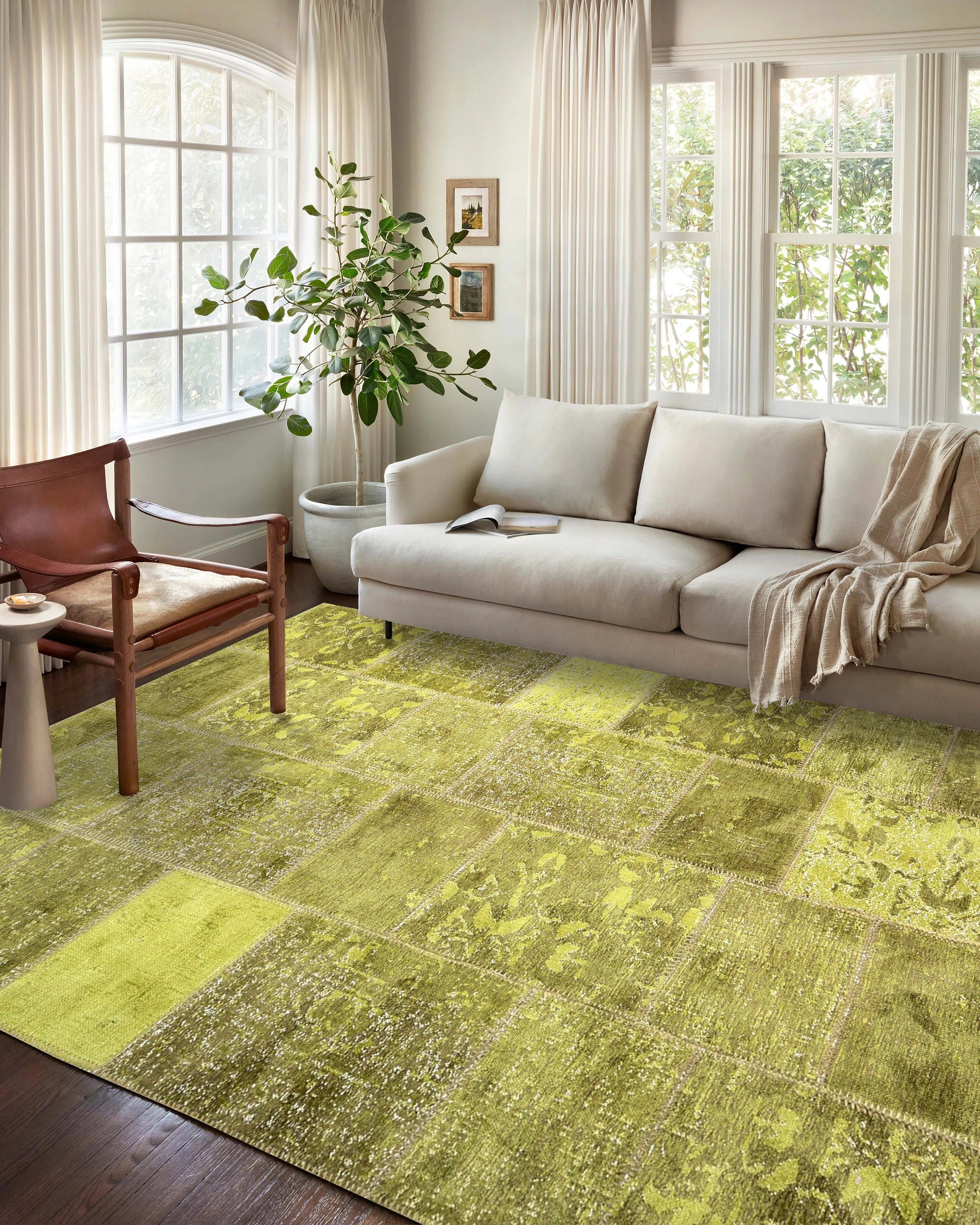 Zayla Lime Distressed Patchwork Turkish Rug