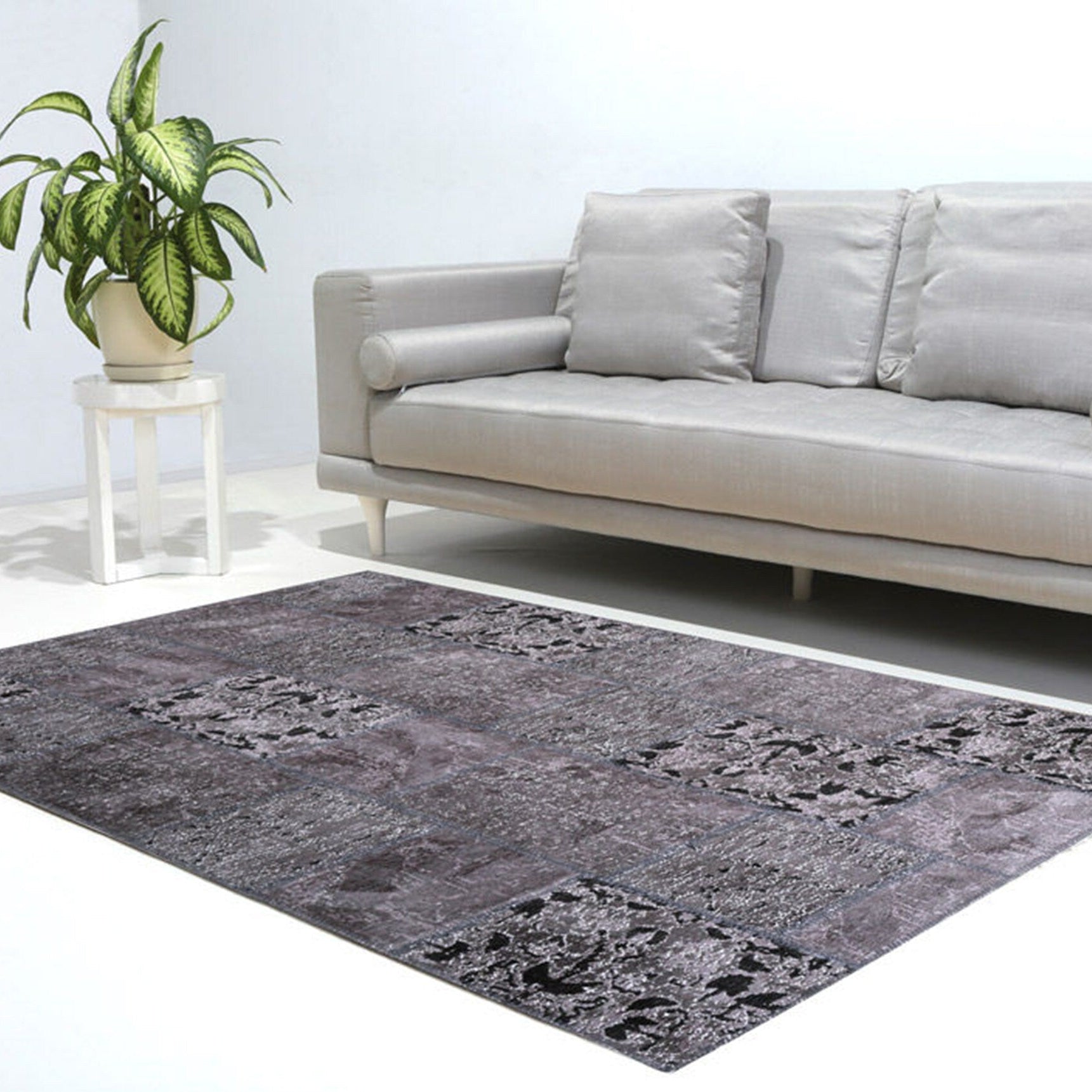 Zia Distressed Patchwork Vintage Gray Black Rug