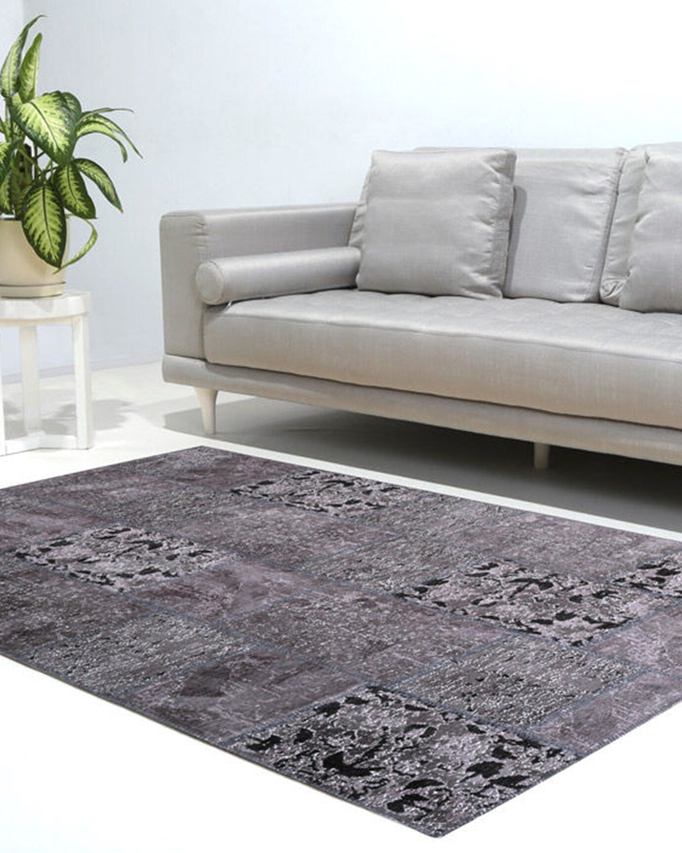 Zia Distressed Patchwork Vintage Gray Black Rug