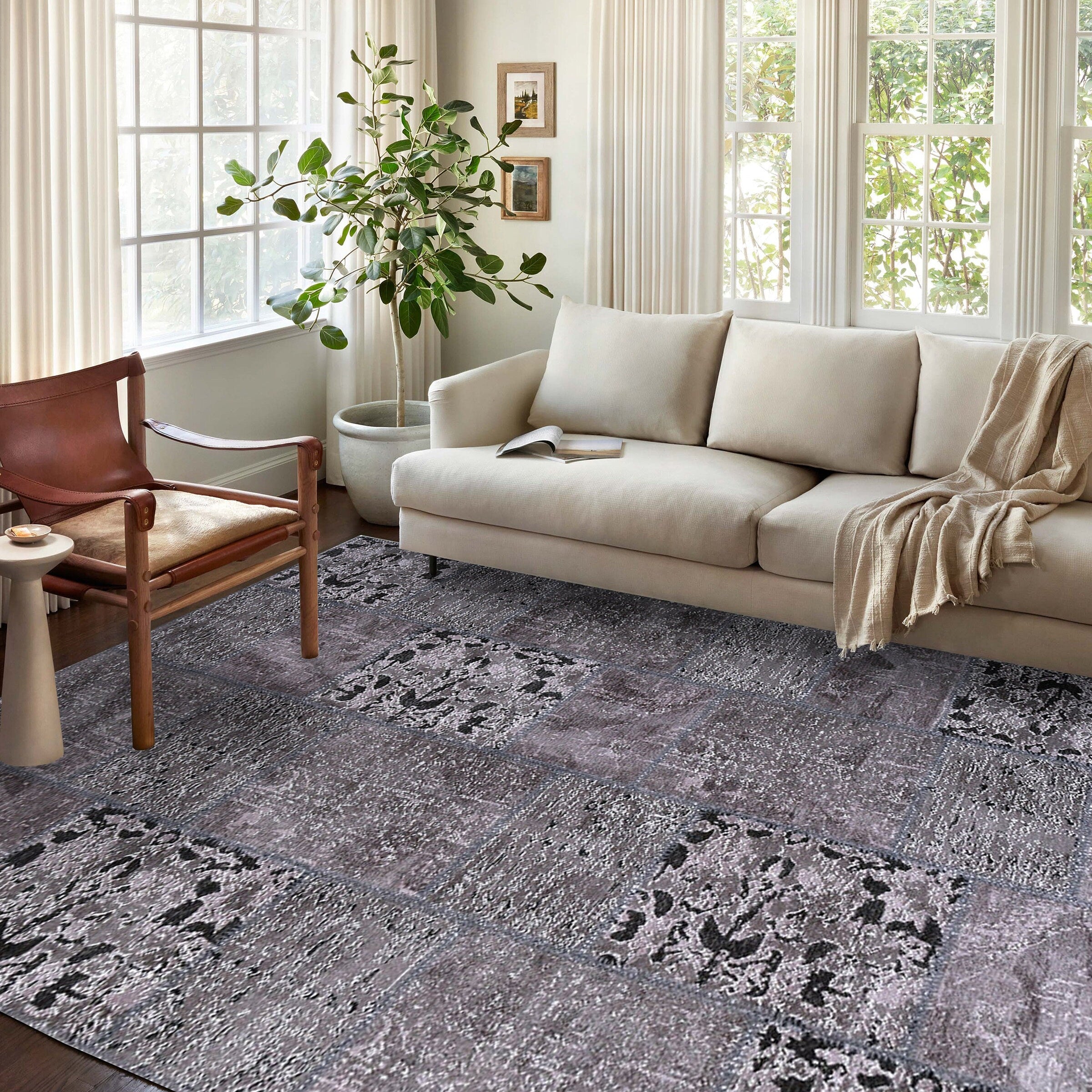 Zia Distressed Patchwork Vintage Gray Black Rug