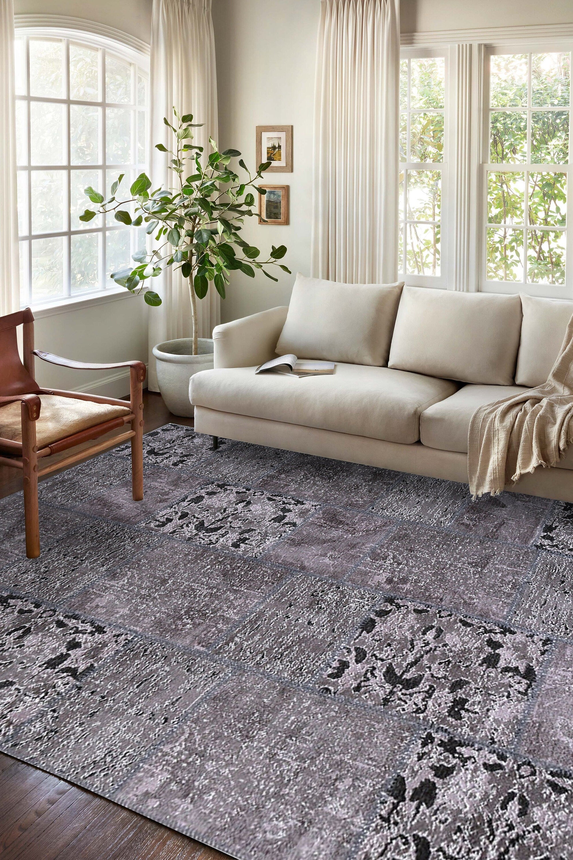 Zia Distressed Patchwork Vintage Gray Black Rug