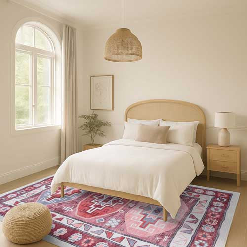 Neatly made bed in a bedroom with a decorative rug and lamp. Bedroom Rugs - Fame Rugs