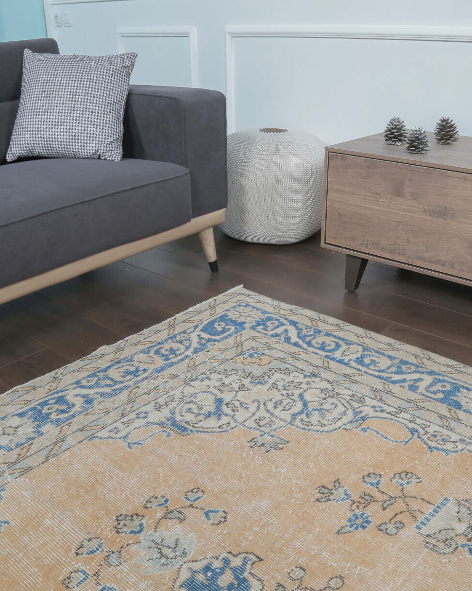 Agathodike Feride rug: 1970s handmade Anatolian rug with tribal motifs and cotton backing