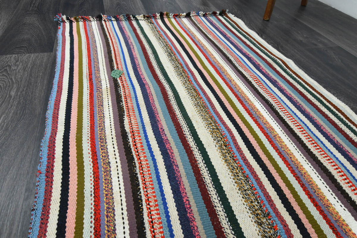 Xanthomede runner: 1960s handwoven flatweave Anatolian runner with oriental motifs