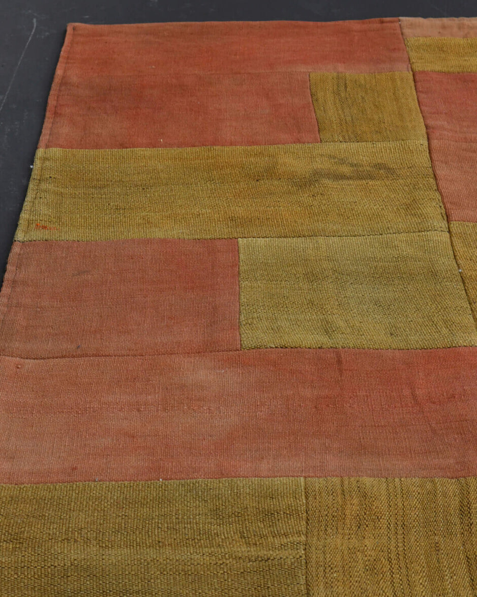 Mustard & Peach Patchwork Handmade Vintage Area Rug in wool – 1960s piece from Anatolia, Turkey | Fame Rugs