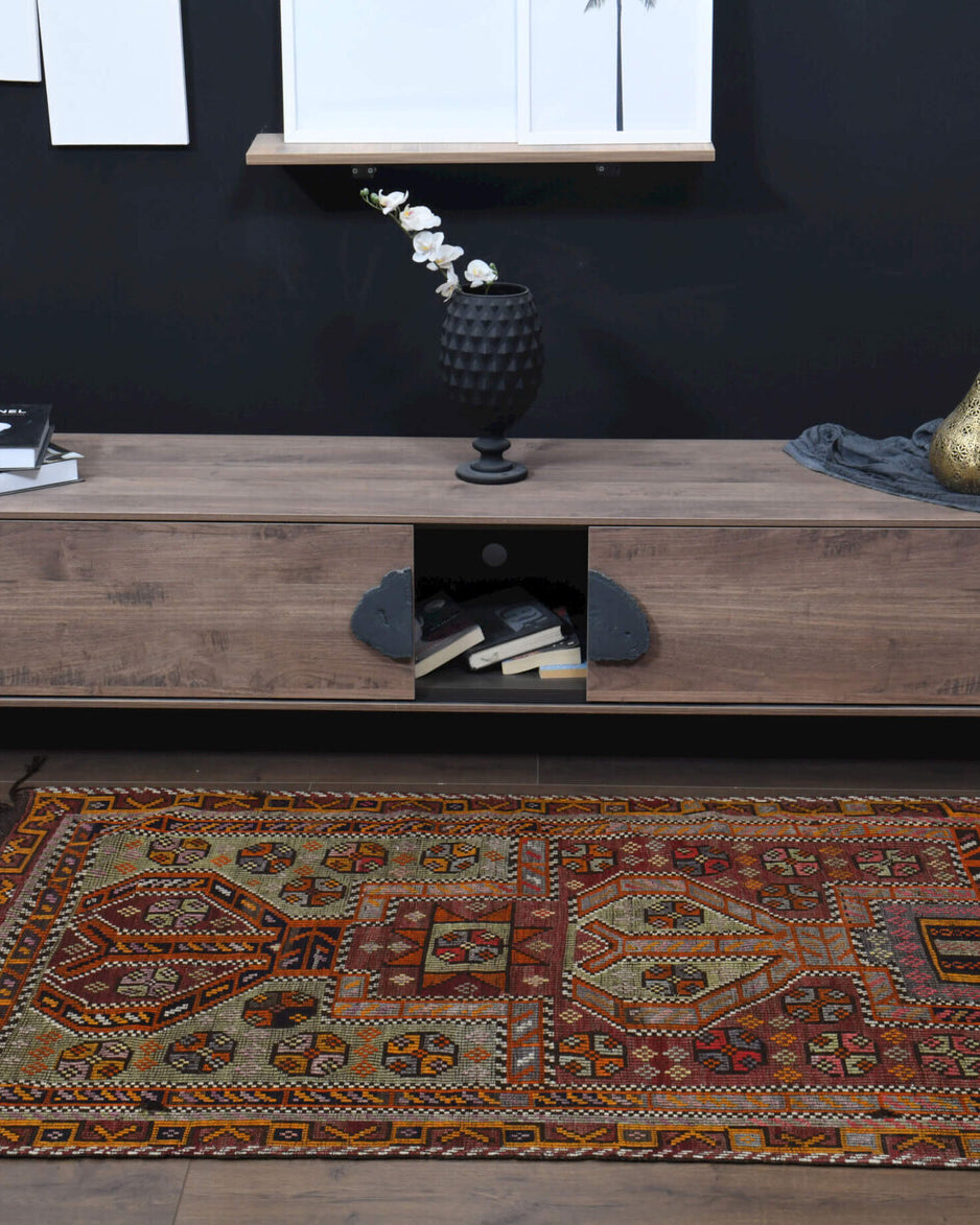 Handwoven flatweave wool kilim from Anatolia, Turkey – Unique Tasseled Oushak Carpet Handmade Vintage Rug 3'7" x 5'7"