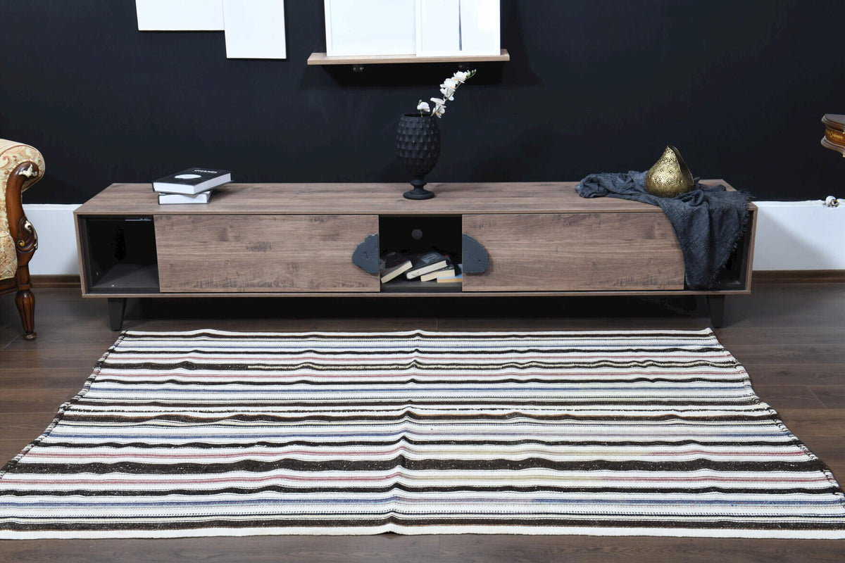 Yesimkusa kilim: 1960s handwoven flatweave Anatolian kilim with striped motifs
