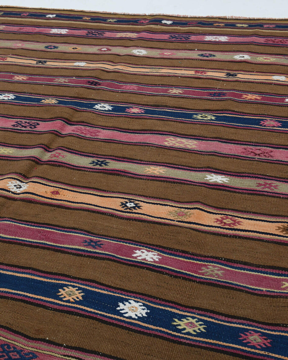 Selvibahce kilim: 1960s handwoven flatweave Anatolian kilim with striped motifs