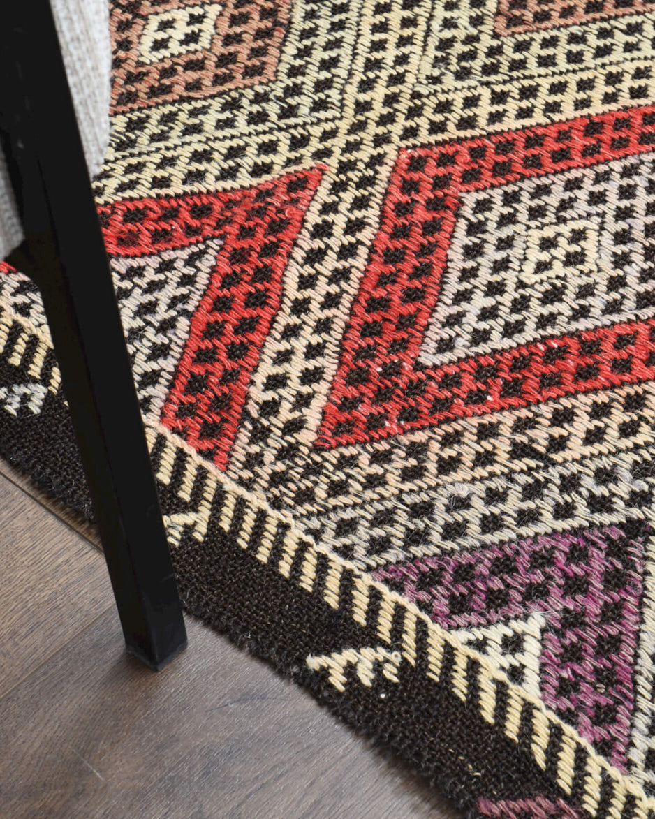 Ahusema kilim: 1960s handwoven flatweave Anatolian kilim with ikat motifs