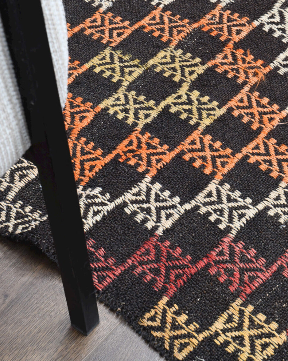 Semabike kilim: 1960s handwoven flatweave Anatolian kilim with geometric motifs