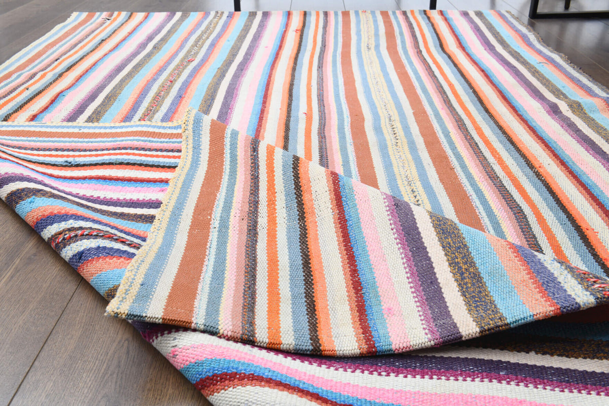 Zerisik kilim: 1960s handwoven flatweave Anatolian kilim with striped motifs