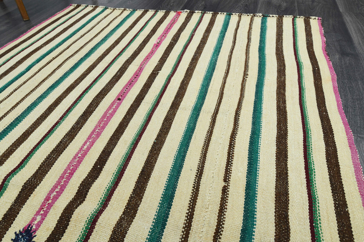 Parvaneh kilim: 1960s handwoven flatweave Anatolian kilim with striped motifs