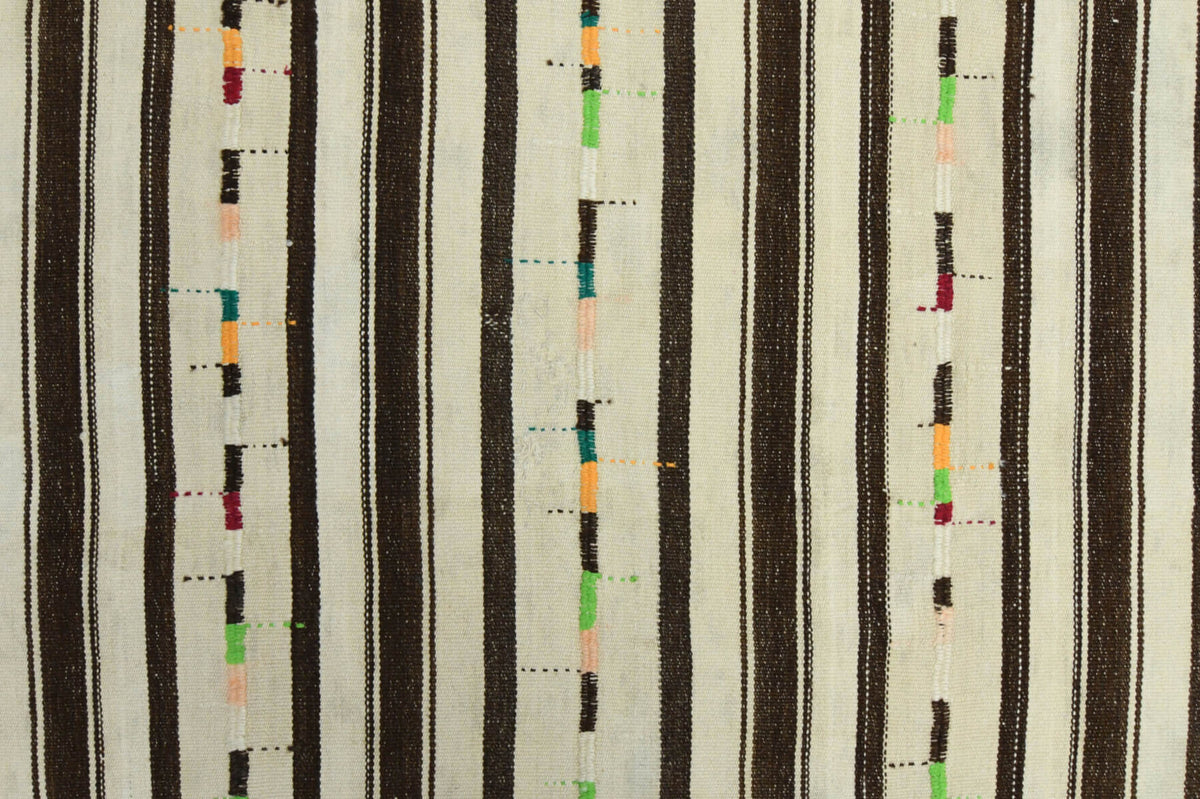 Nehirefsan kilim: 1960s handwoven flatweave Anatolian kilim with striped motifs and fabric backing