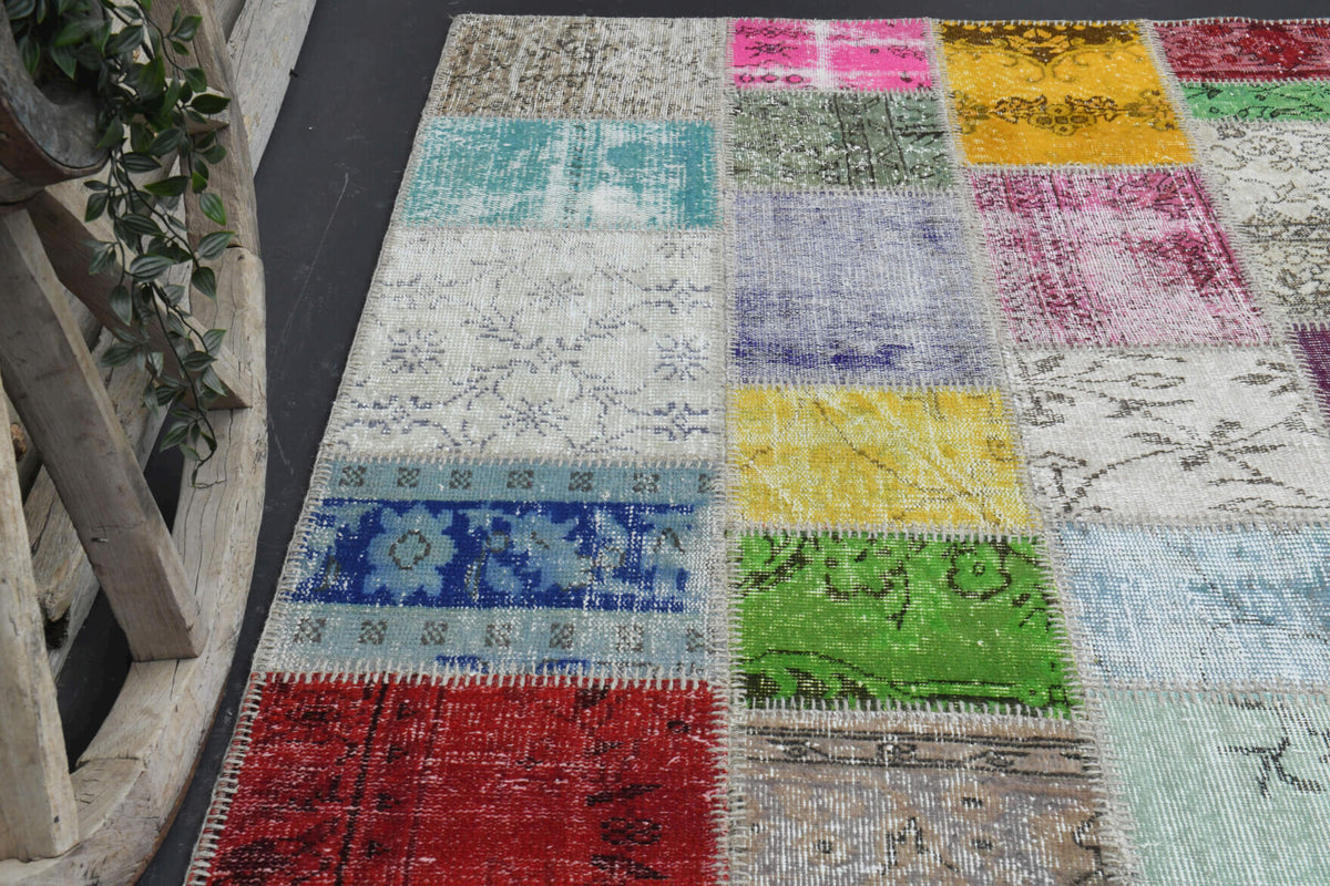 Authentic Anatolian vintage patchwork area rug (1960s) with solid design – one-of-a-kind at Fame Rugs