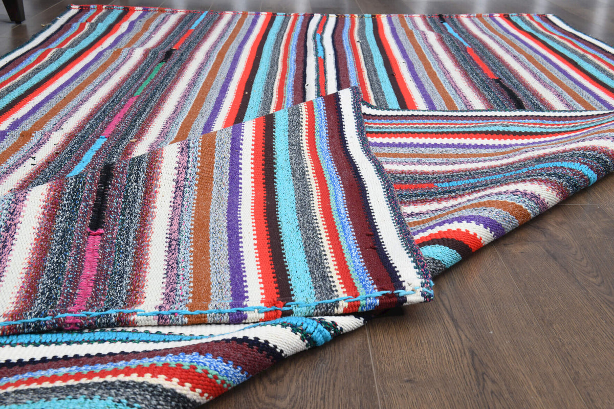 Ratibegul kilim: 1960s handwoven flatweave Anatolian kilim with striped motifs