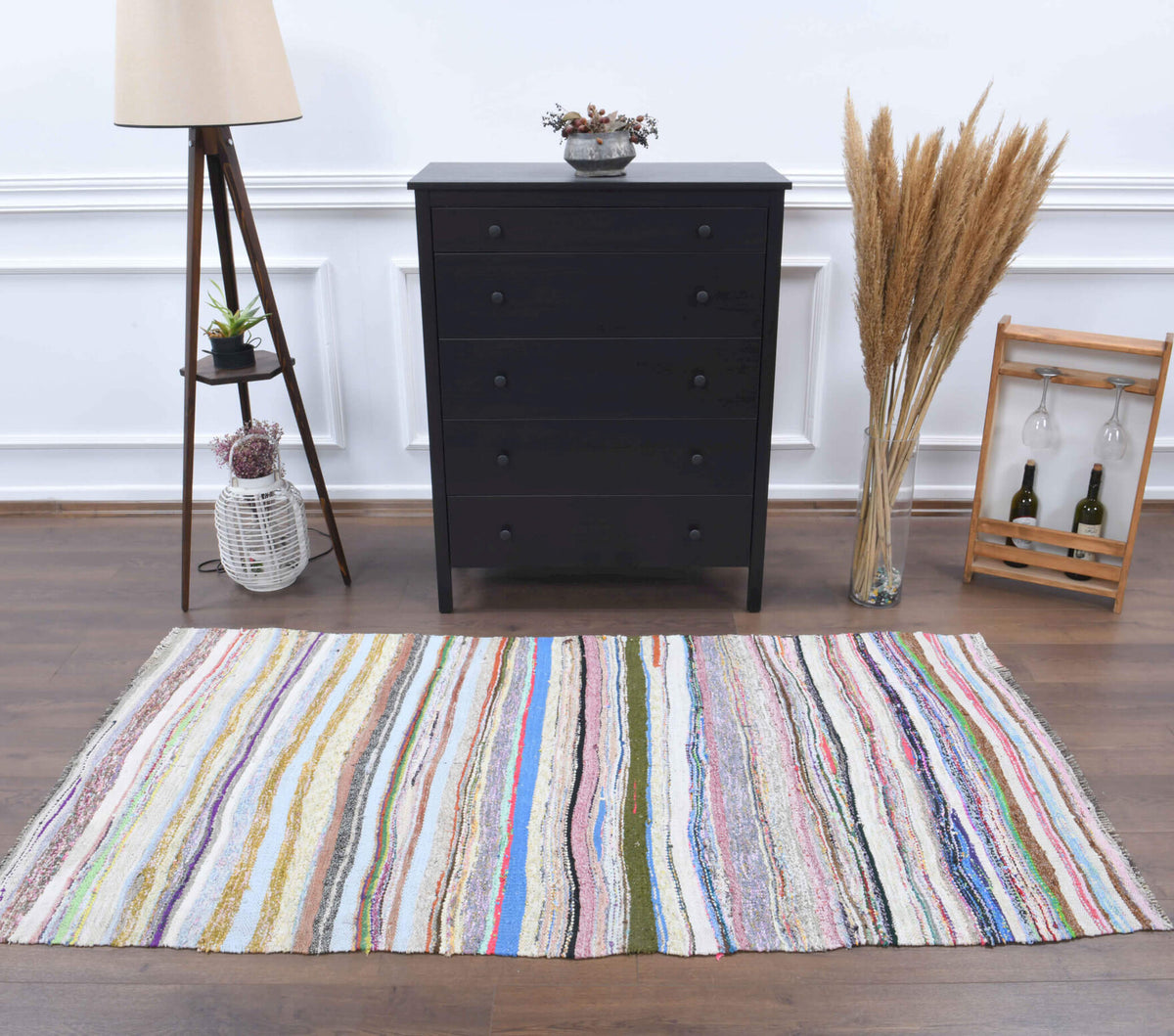 Zambakefsan kilim: 1960s handwoven flatweave Anatolian kilim with striped motifs