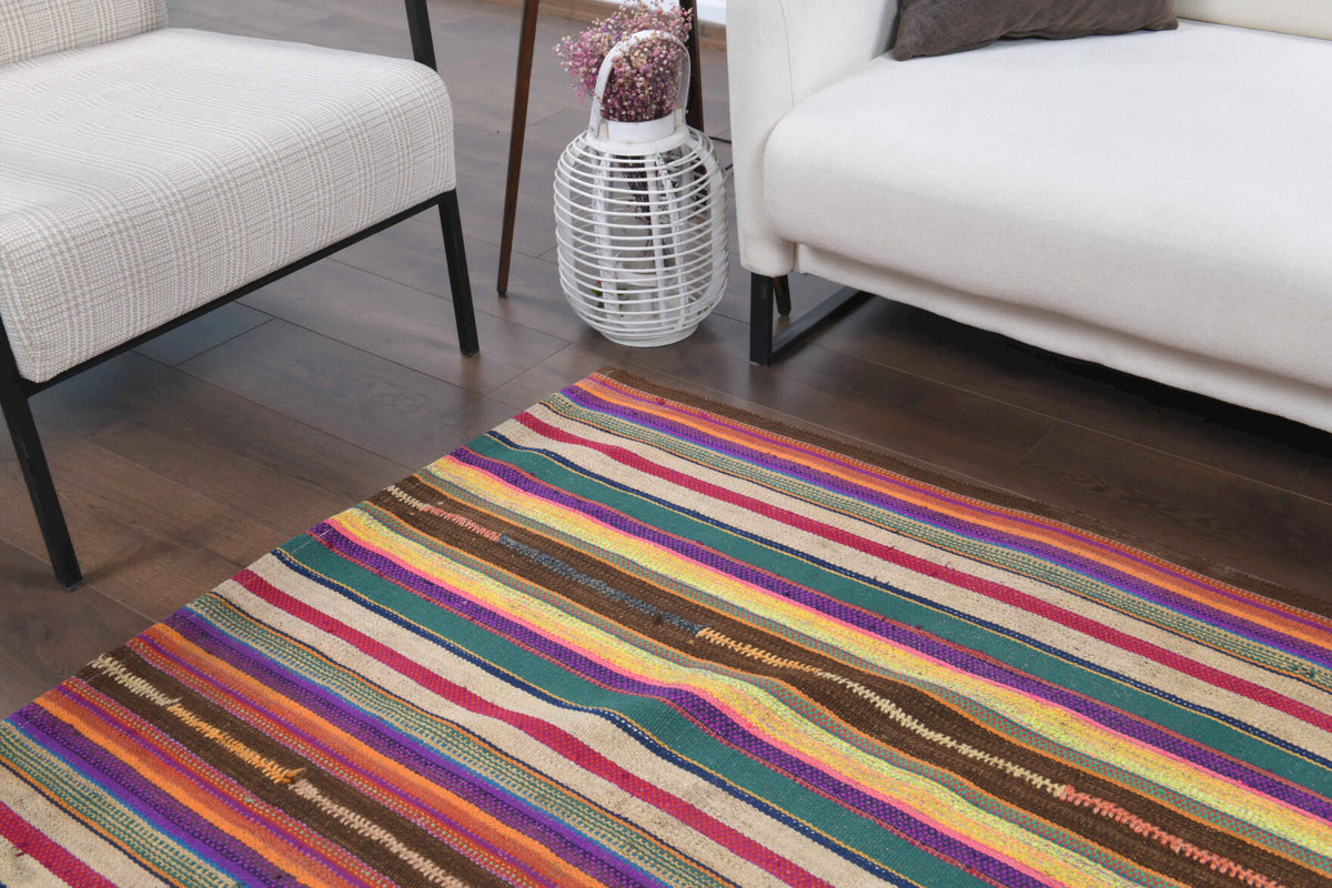 Terpsitima kilim: 1960s handwoven flatweave Anatolian kilim with striped motifs