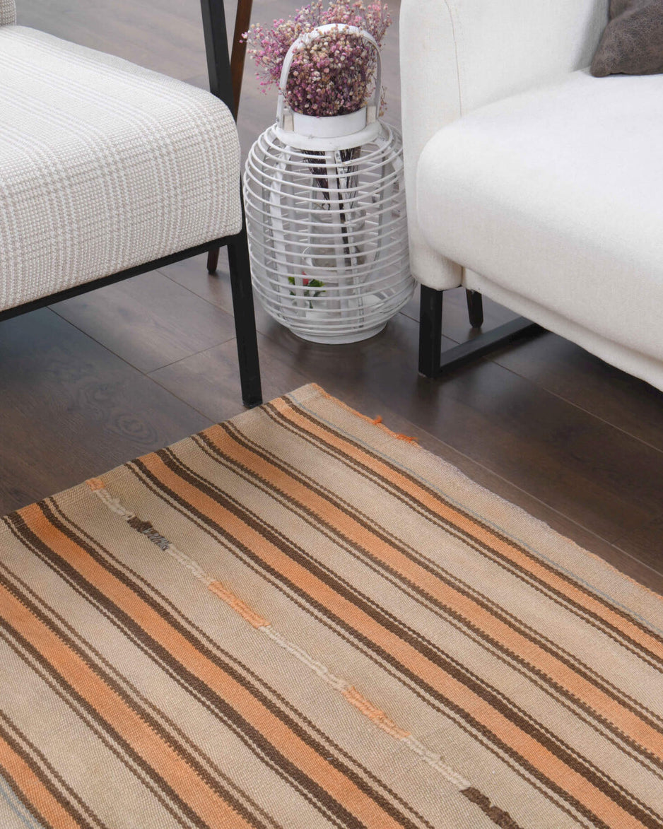 Terpsaura kilim: 1960s handwoven flatweave Anatolian kilim with striped motifs