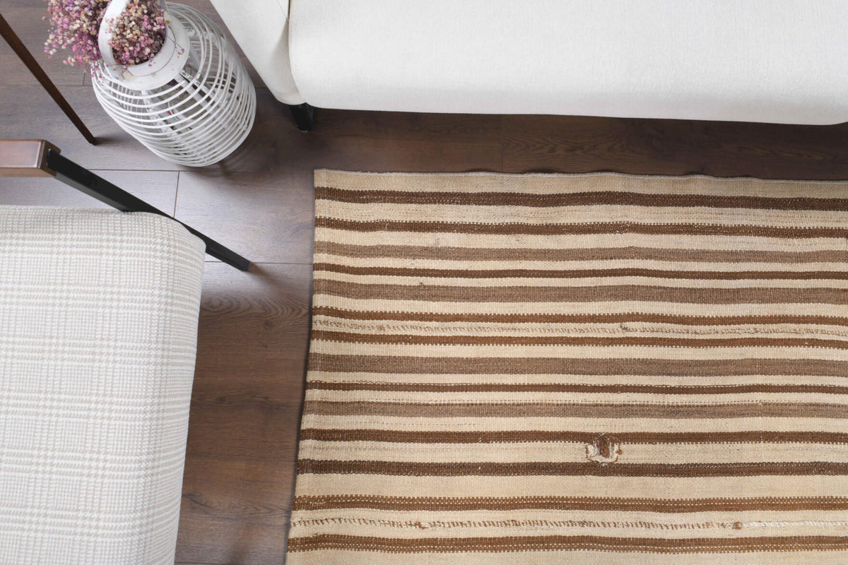 Taygete kilim: 1960s handwoven flatweave Anatolian kilim with striped motifs