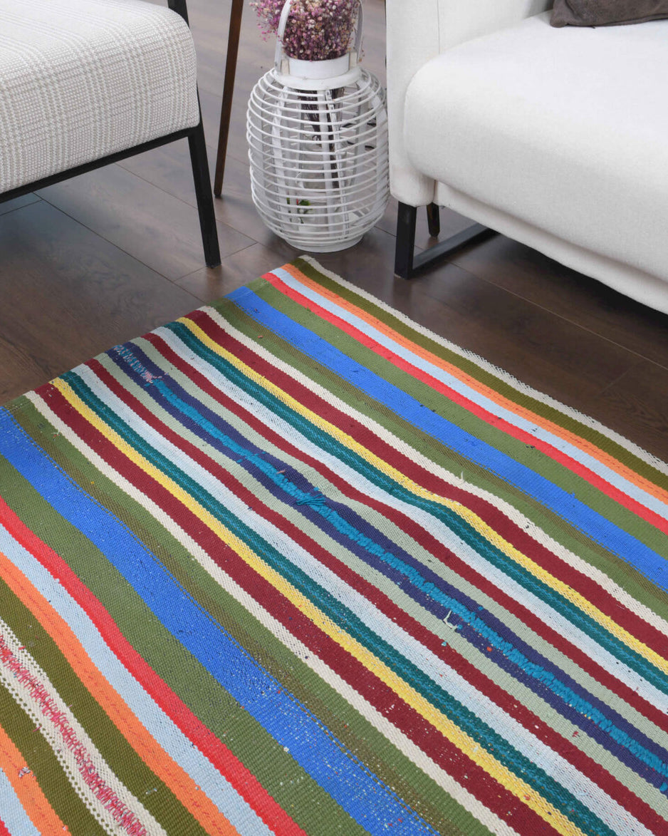 Authentic Anatolian vintage kilim rug (1960s) with striped design – one-of-a-kind at Fame Rugs