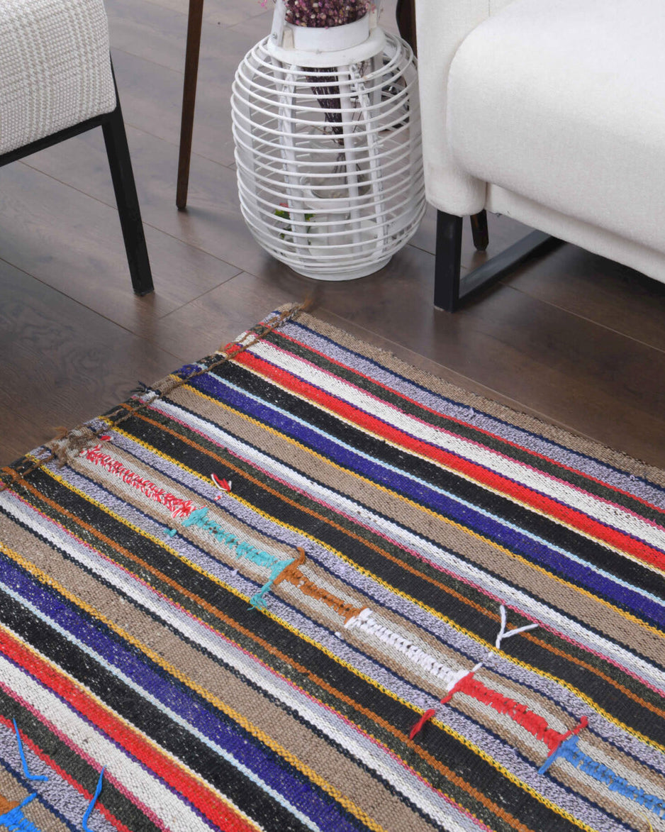Smaragdotima kilim: 1960s handwoven flatweave Anatolian kilim with striped motifs
