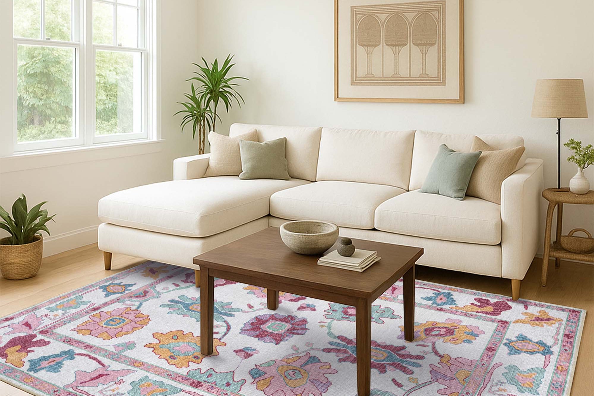 Florine Pastel Pink Orange Floral Oushak Rug