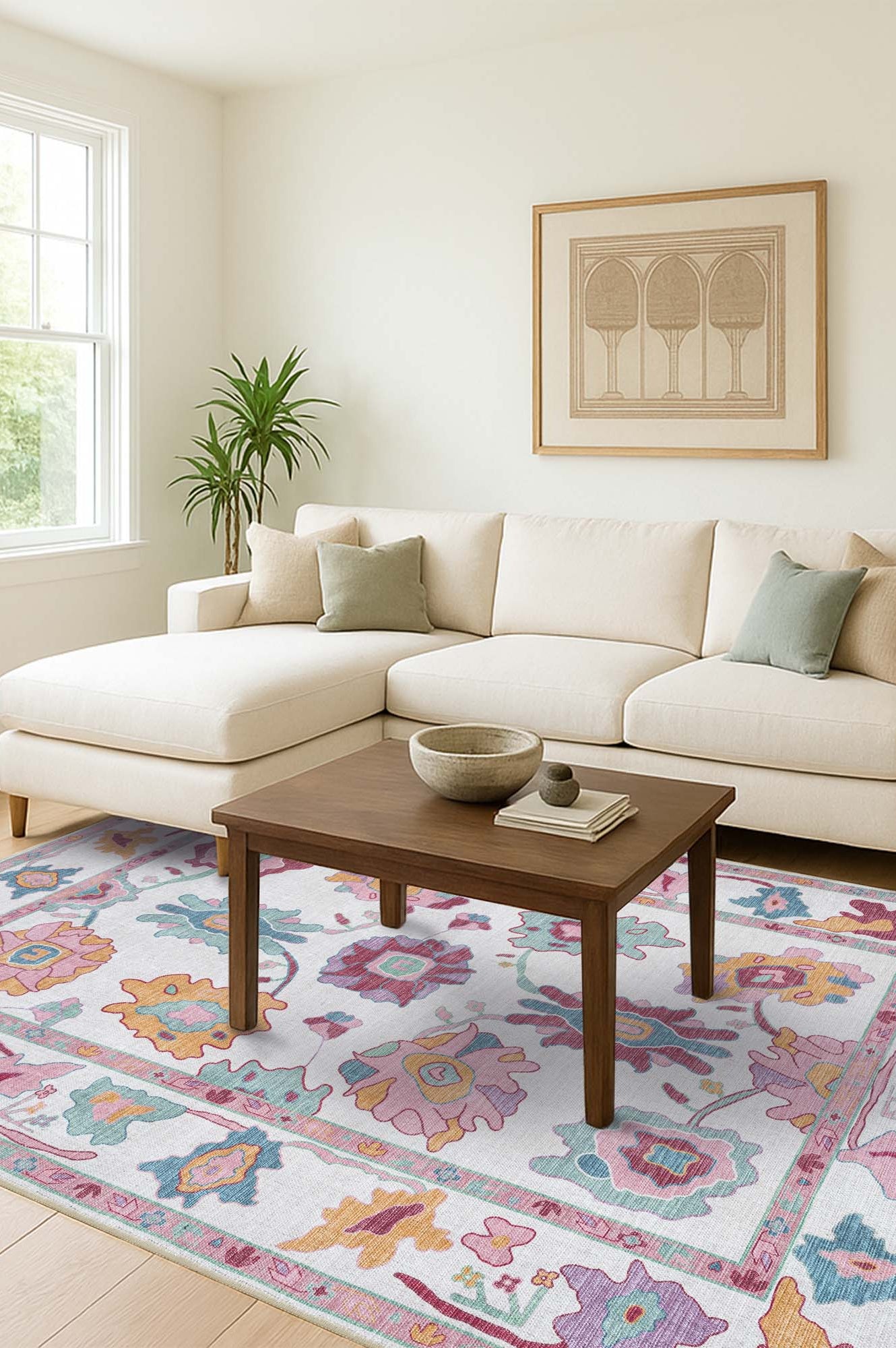 Florine Pastel Pink Orange Floral Oushak Rug