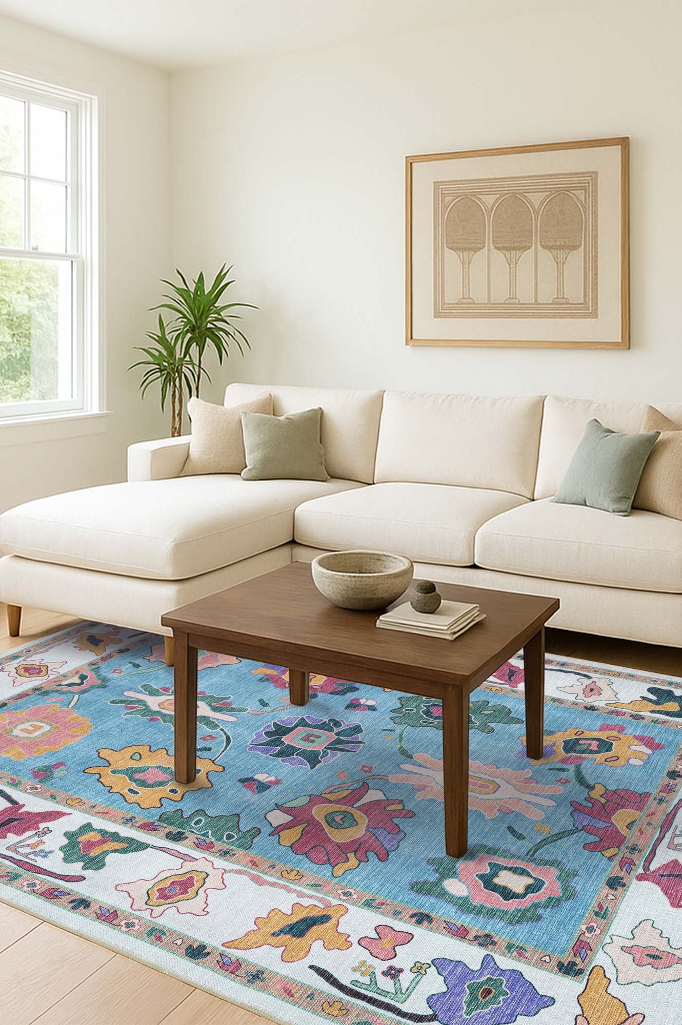 Farhana Green Colorful Floral Modern Oushak Rug