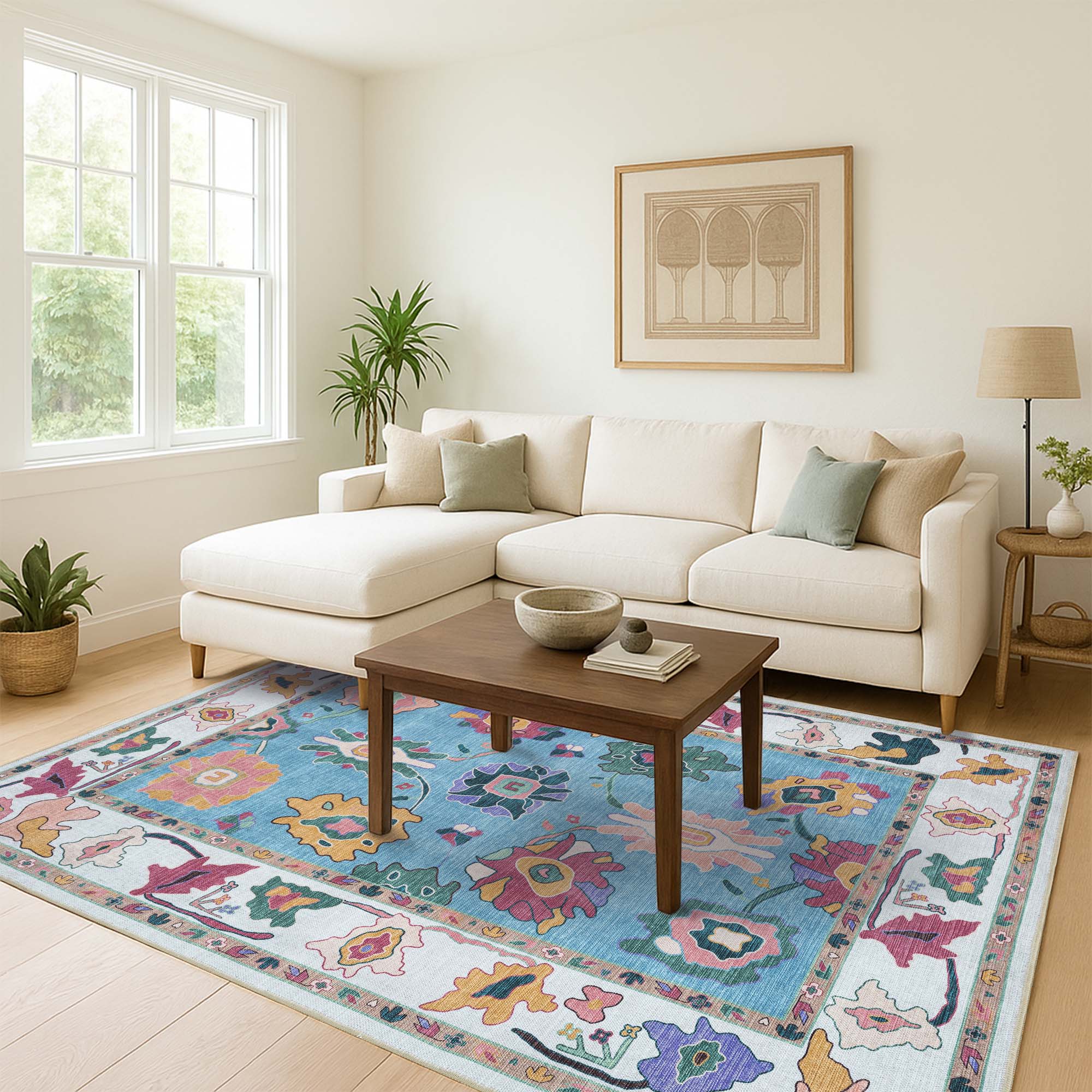 Farhana Green Colorful Floral Modern Oushak Rug