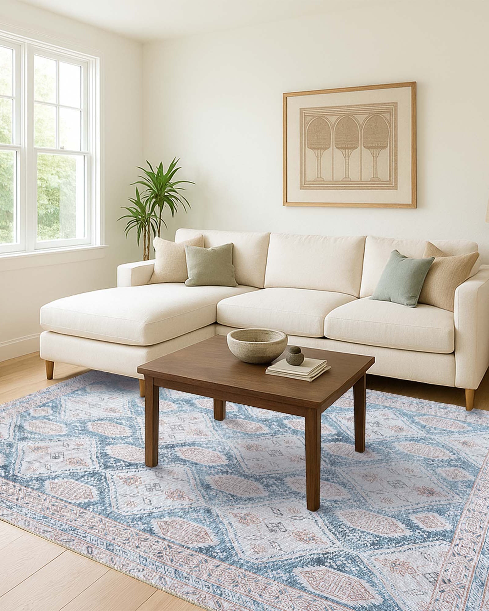 Samara Cream Blue Distressed Turkish Rug