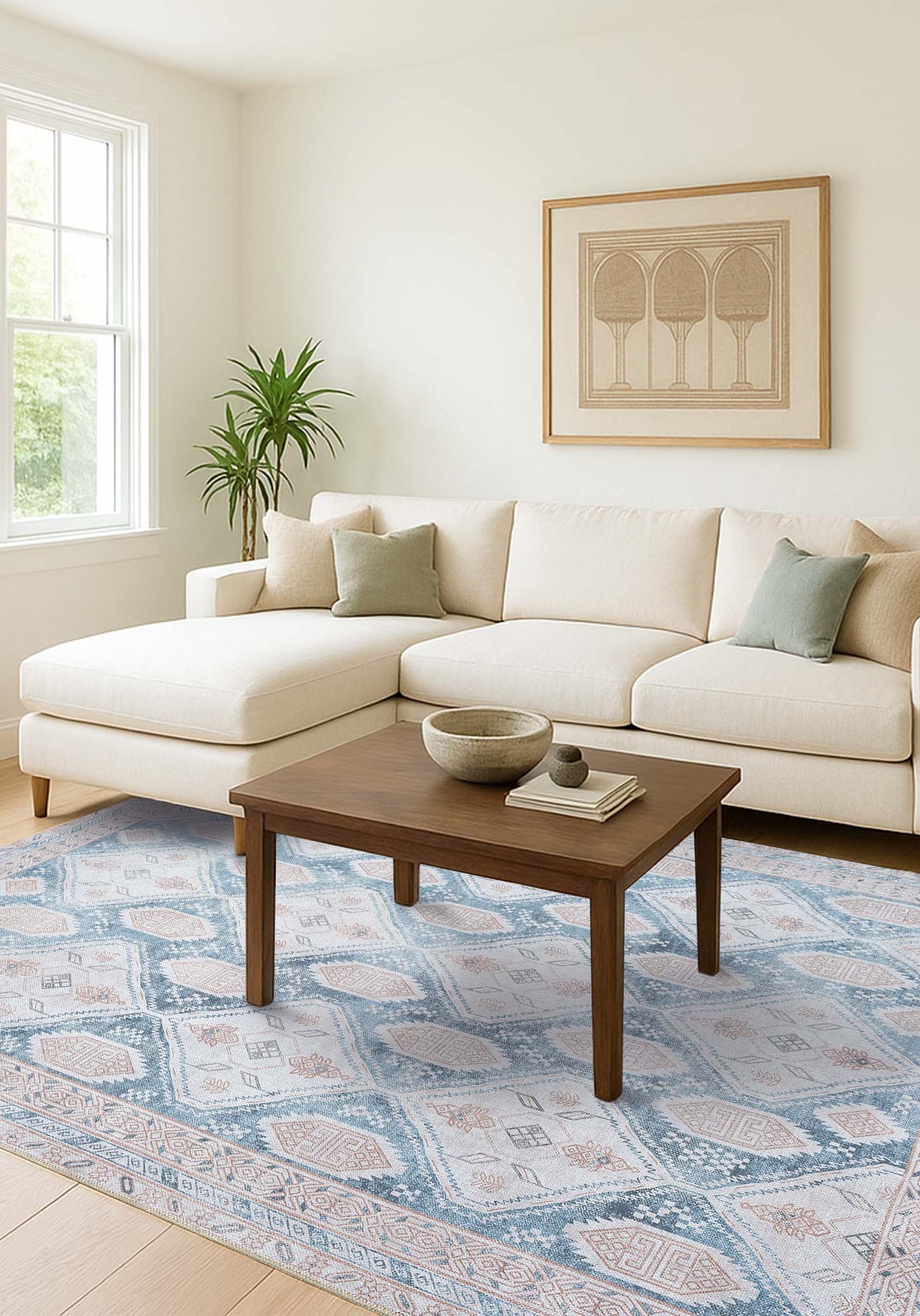 Samara Cream Blue Distressed Turkish Rug