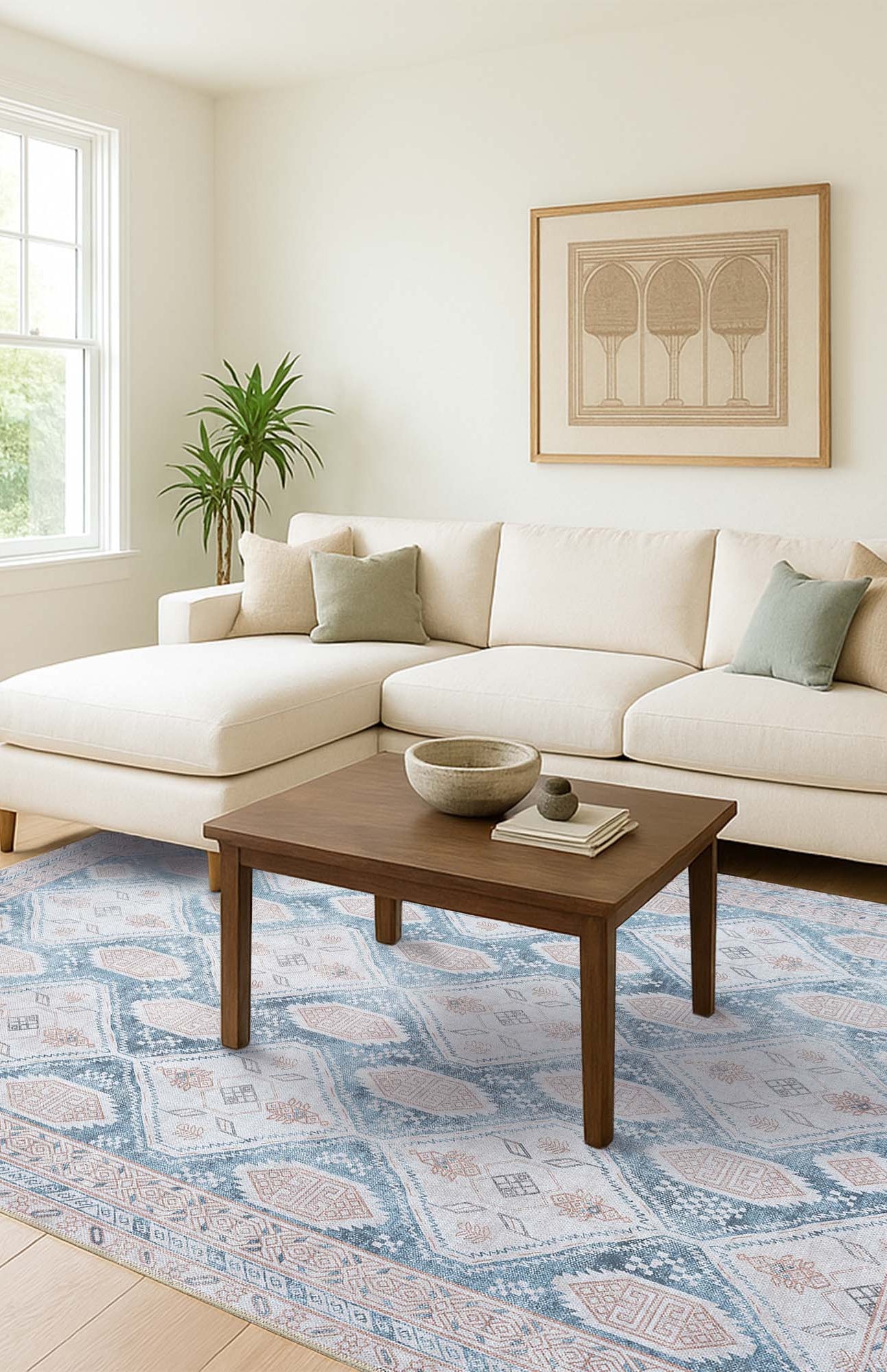 Samara Cream Blue Distressed Turkish Rug